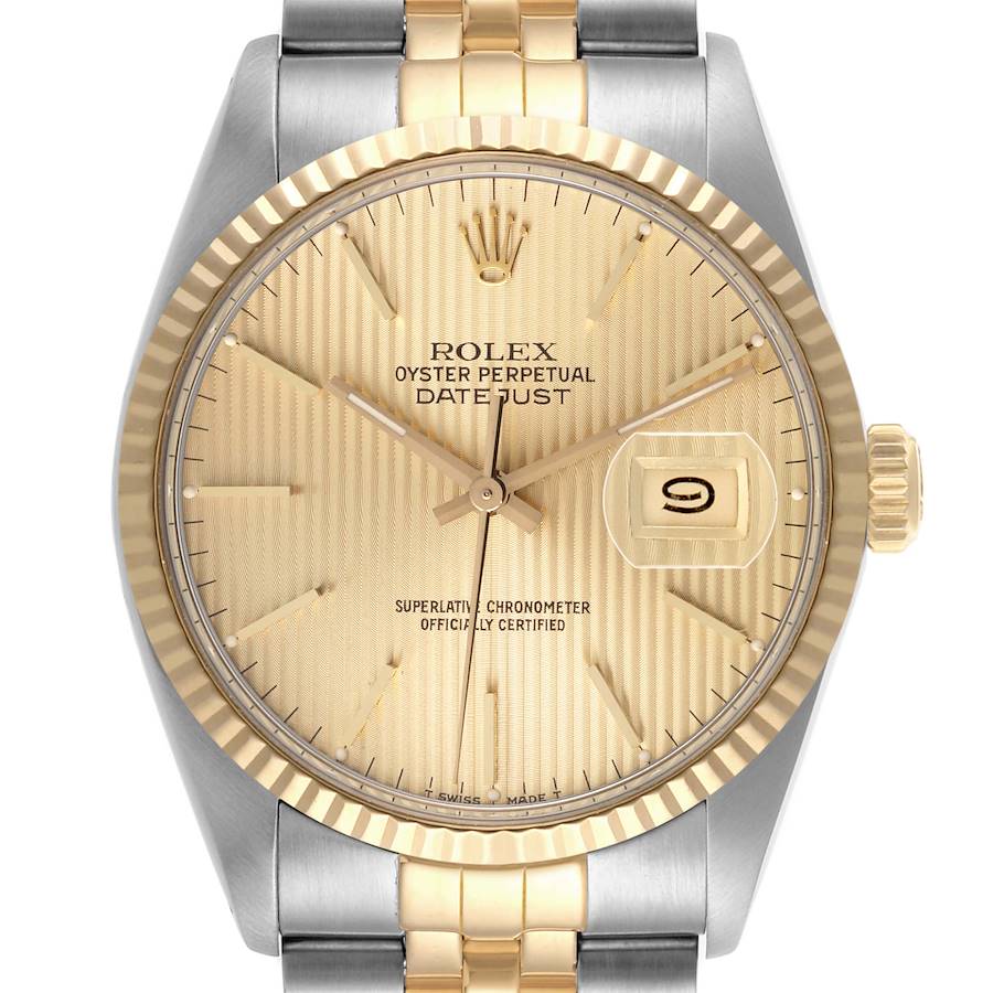 The image shows a frontal view of the Rolex Datejust watch face, bezel, and part of the bracelet.