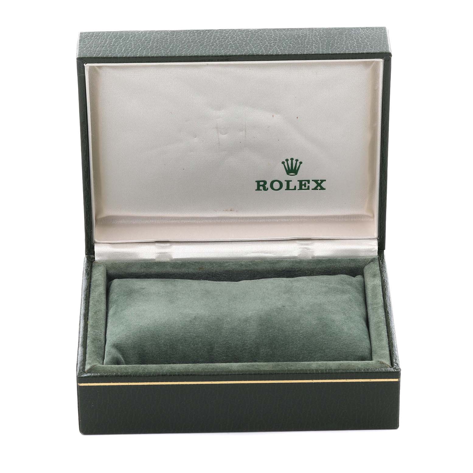 The image shows an open Rolex Datejust 16013 Men's Steel and Gold (two tone) Champagne Dial 16013 Men's Steel and Gold (two tone) Champagne Dial watch box from the top, displaying its interior but no watch.