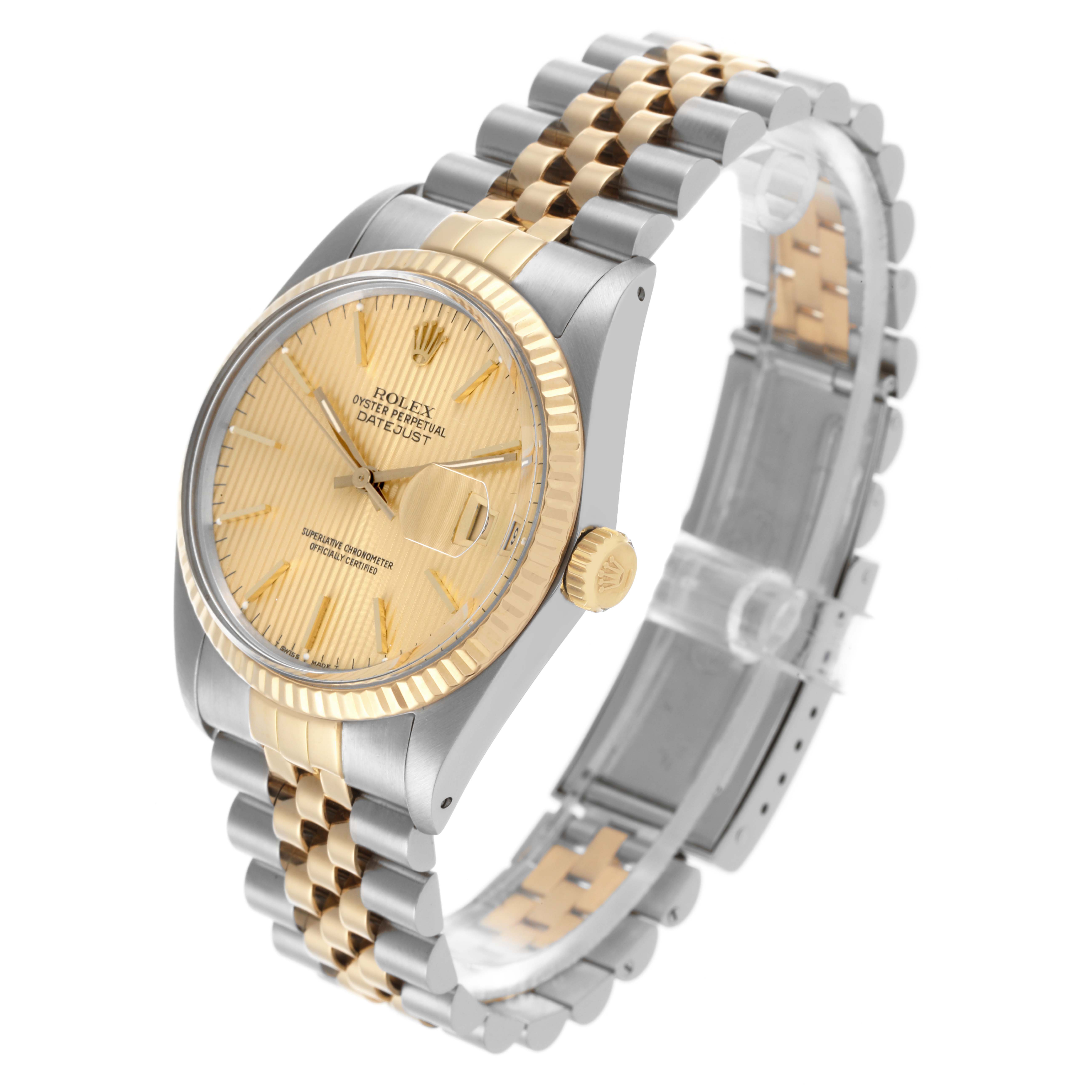 The Rolex Datejust 16013 Men's Steel and Gold (two tone) Champagne Dial 16013 Men's Steel and Gold (two tone) Champagne Dial watch is shown from a three-quarter angle, highlighting the gold and silver Jubilee bracelet and fluted bezel.
