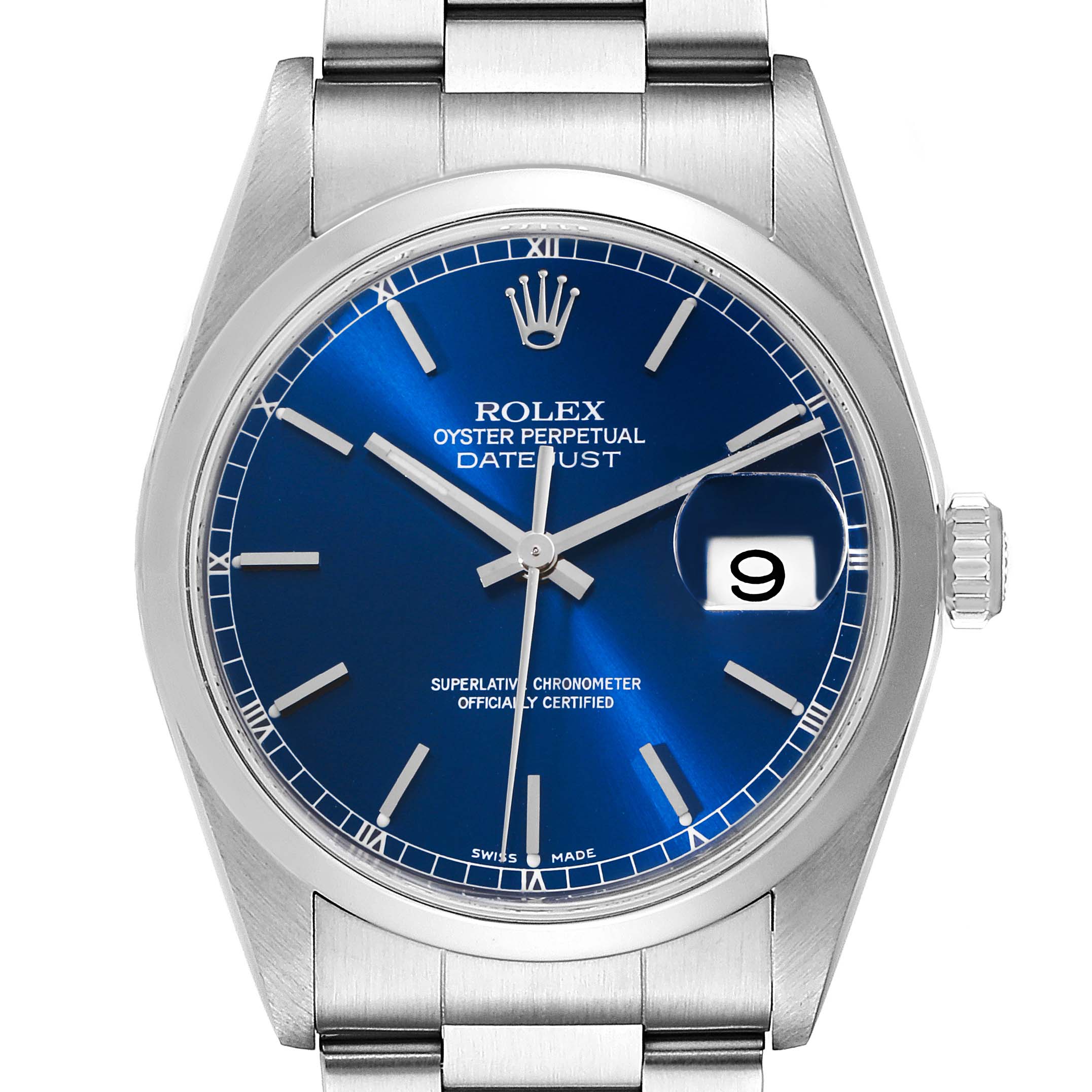 This image shows a front view of the Rolex Datejust 16200 Men's Stainless Steel Blue Dial 16200 Men's Stainless Steel Blue Dial watch featuring a blue dial and stainless steel bracelet.