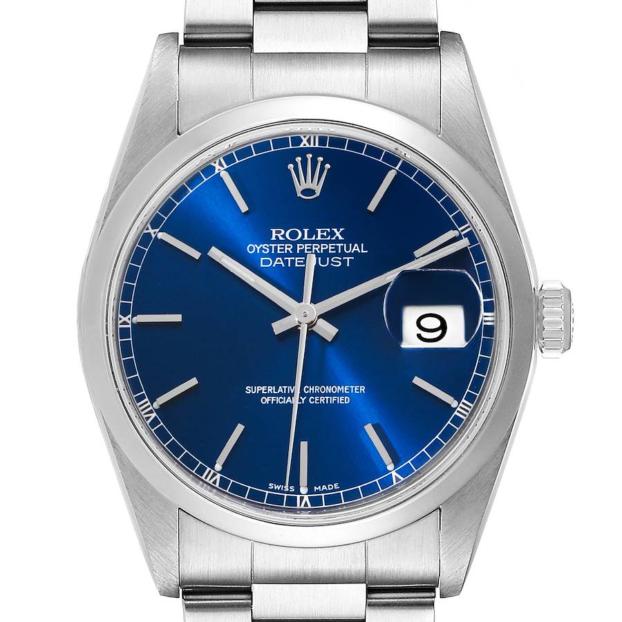 Rolex Datejust Blue Dial Oyster Bracelet Steel Mens Watch 16200 SwissWatchExpo
