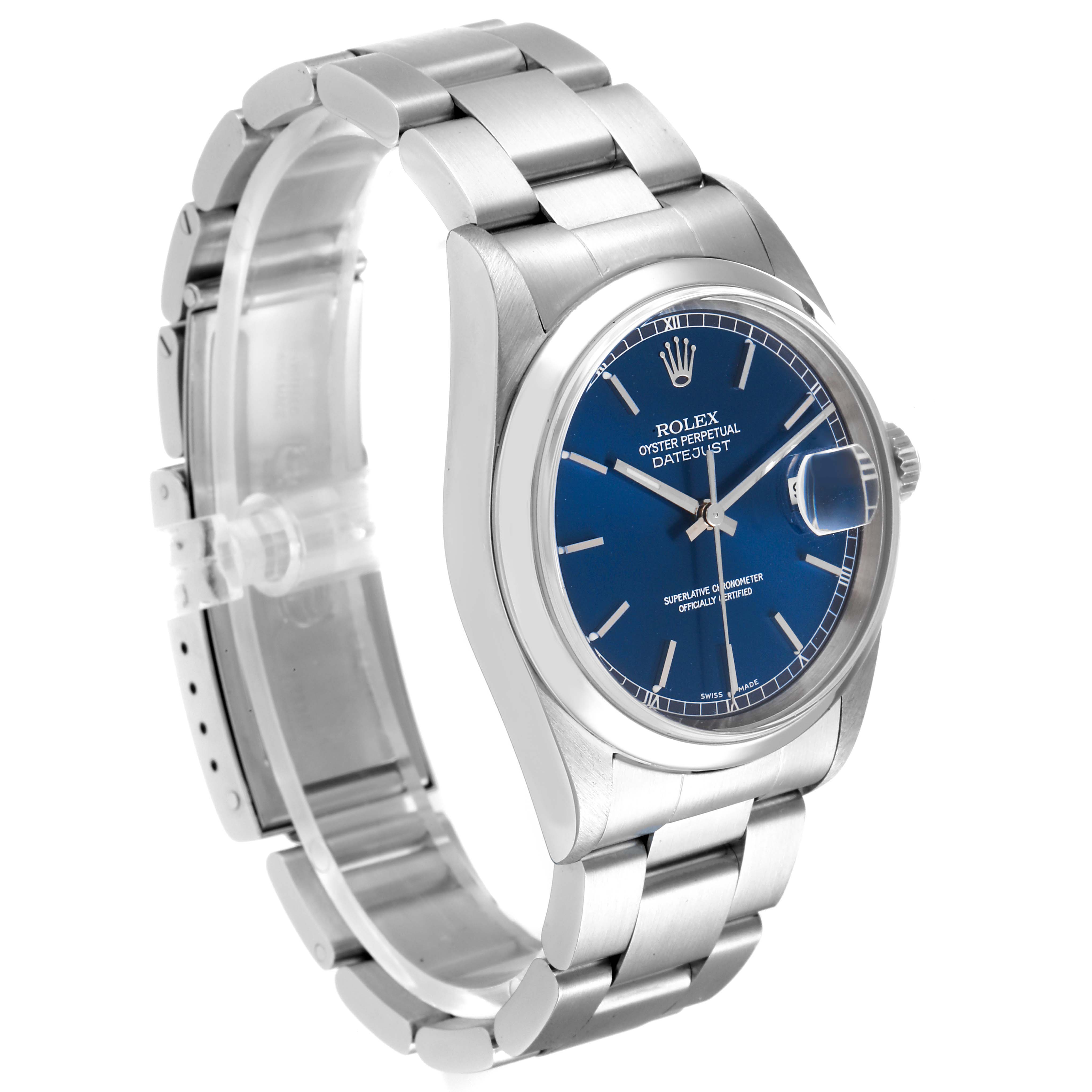 The image shows a left-side angle of the Rolex Datejust 16200 Men's Stainless Steel Blue Dial 16200 Men's Stainless Steel Blue Dial watch, highlighting the blue dial, stainless steel bracelet, and date display.