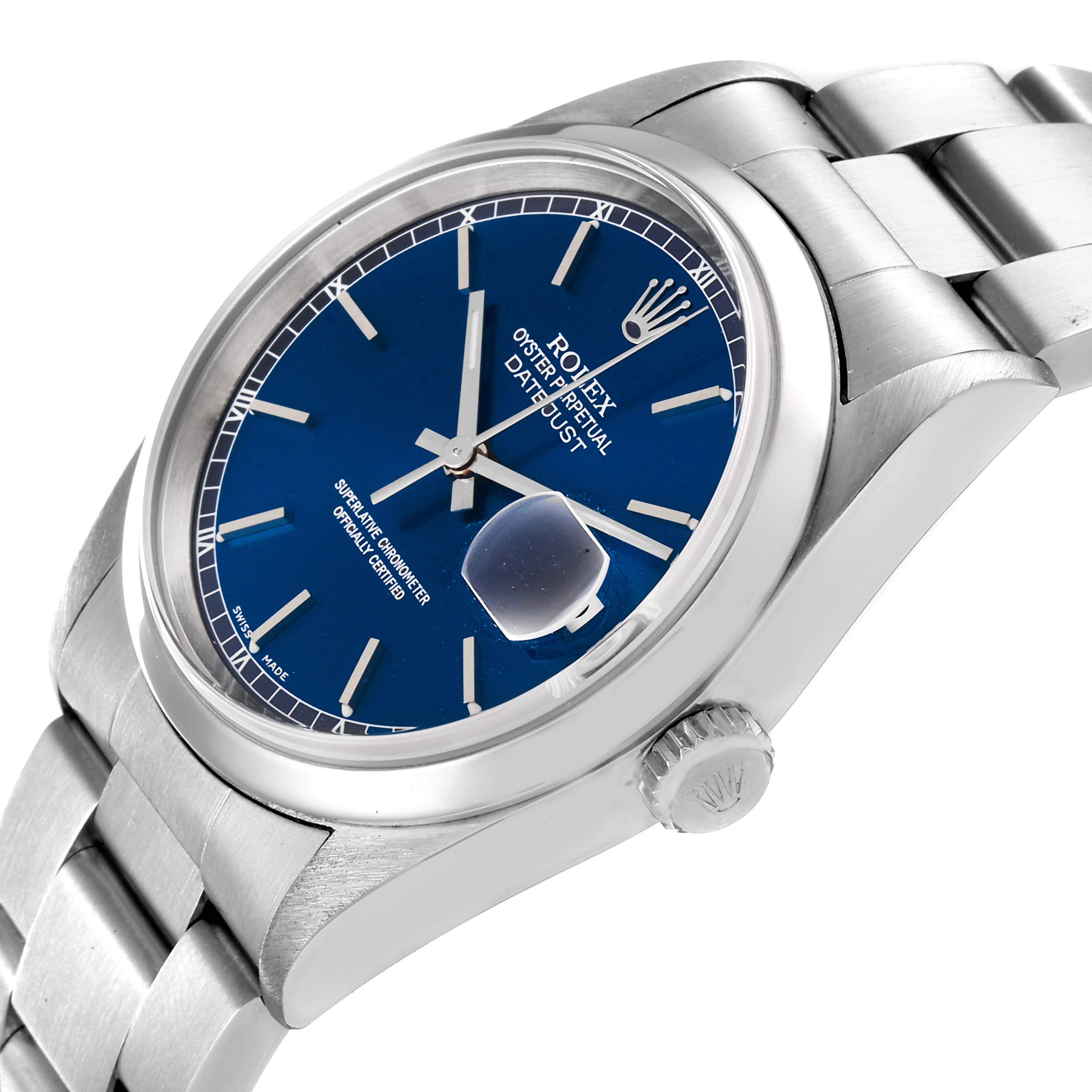 The image shows a side-angle view of the Rolex Datejust 16200 Men's Stainless Steel Blue Dial 16200 Men's Stainless Steel Blue Dial watch, highlighting its blue dial, crown, and stainless steel bracelet.