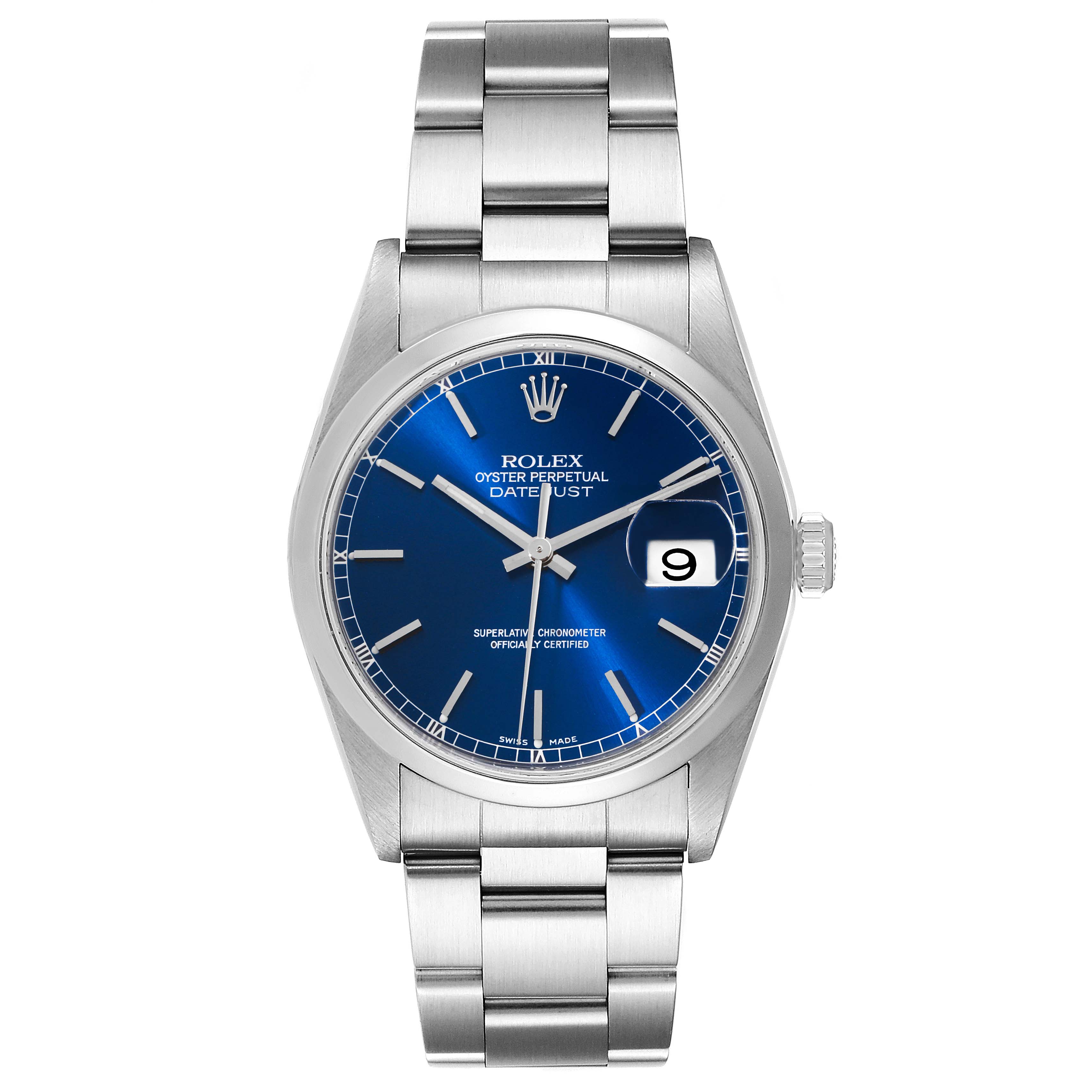 The image shows a front view of a Rolex Datejust 16200 Men's Stainless Steel Blue Dial 16200 Men's Stainless Steel Blue Dial watch, showcasing its blue dial, date window, and stainless steel bracelet.