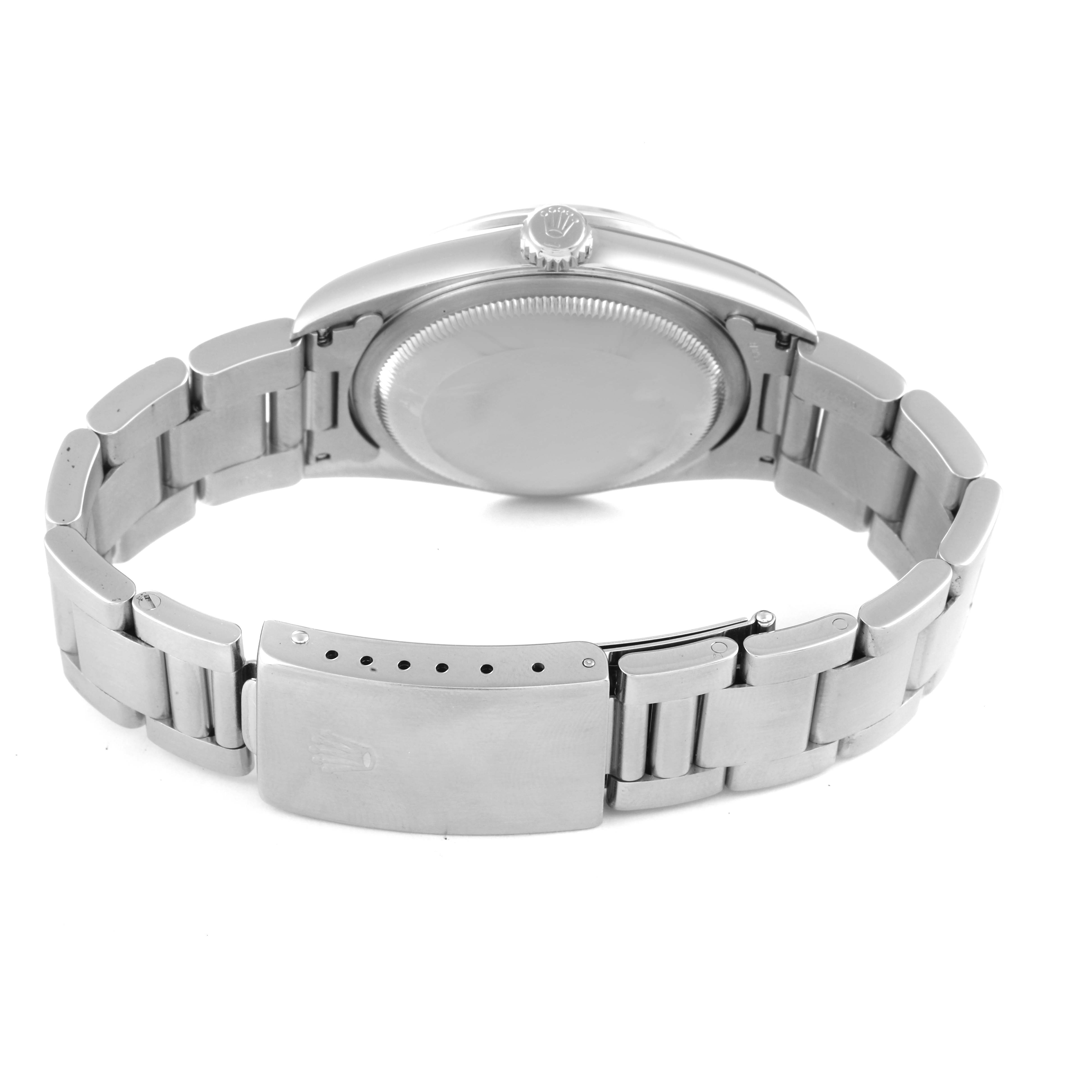 The image shows the back and bracelet clasp of a Rolex Datejust 16200 Men's Stainless Steel Blue Dial 16200 Men's Stainless Steel Blue Dial watch from a rear angle.