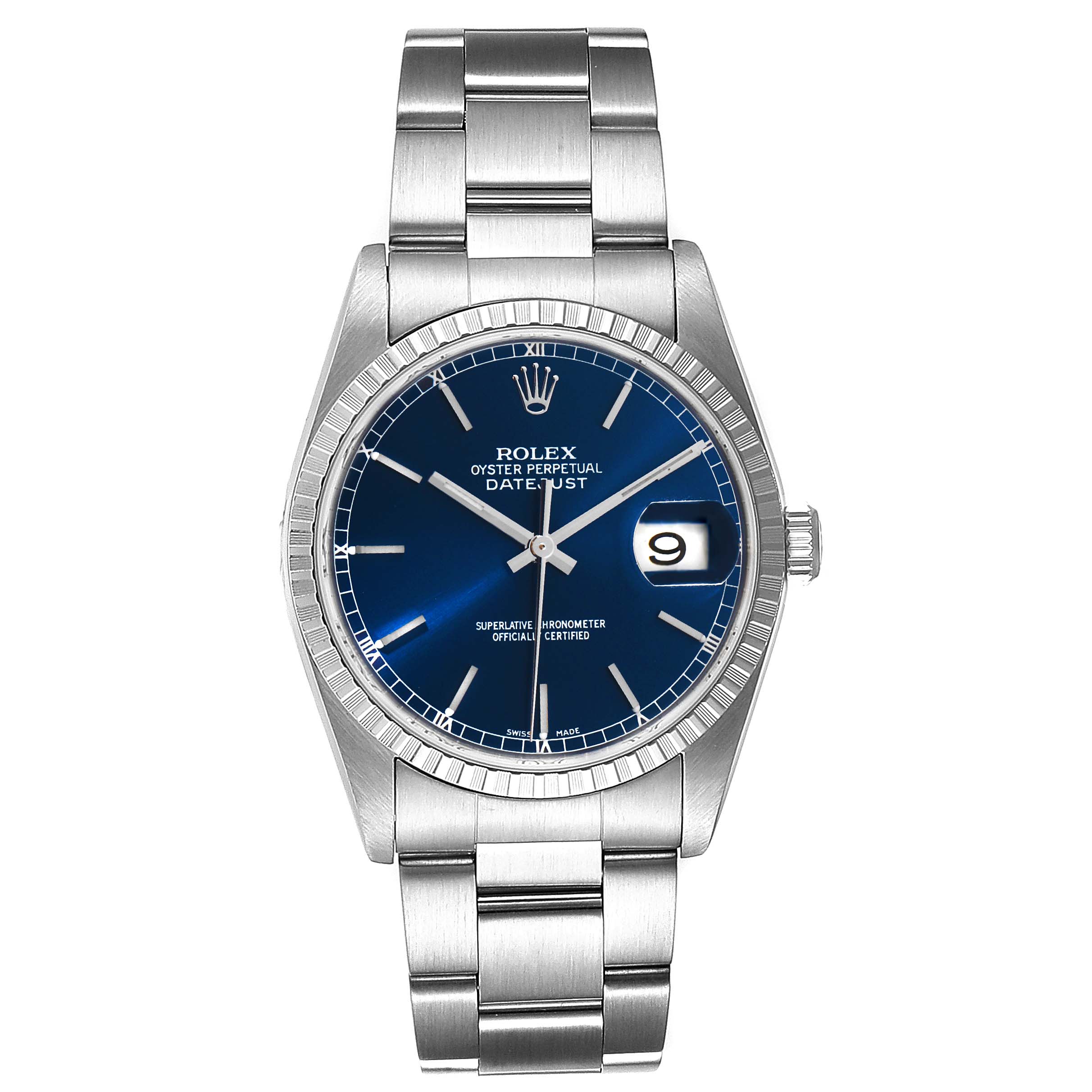 The image shows a front view of the Rolex Datejust 16220 Men's Stainless Steel Blue Dial 16220 Men's Stainless Steel Blue Dial watch with a blue dial and stainless steel bracelet.
