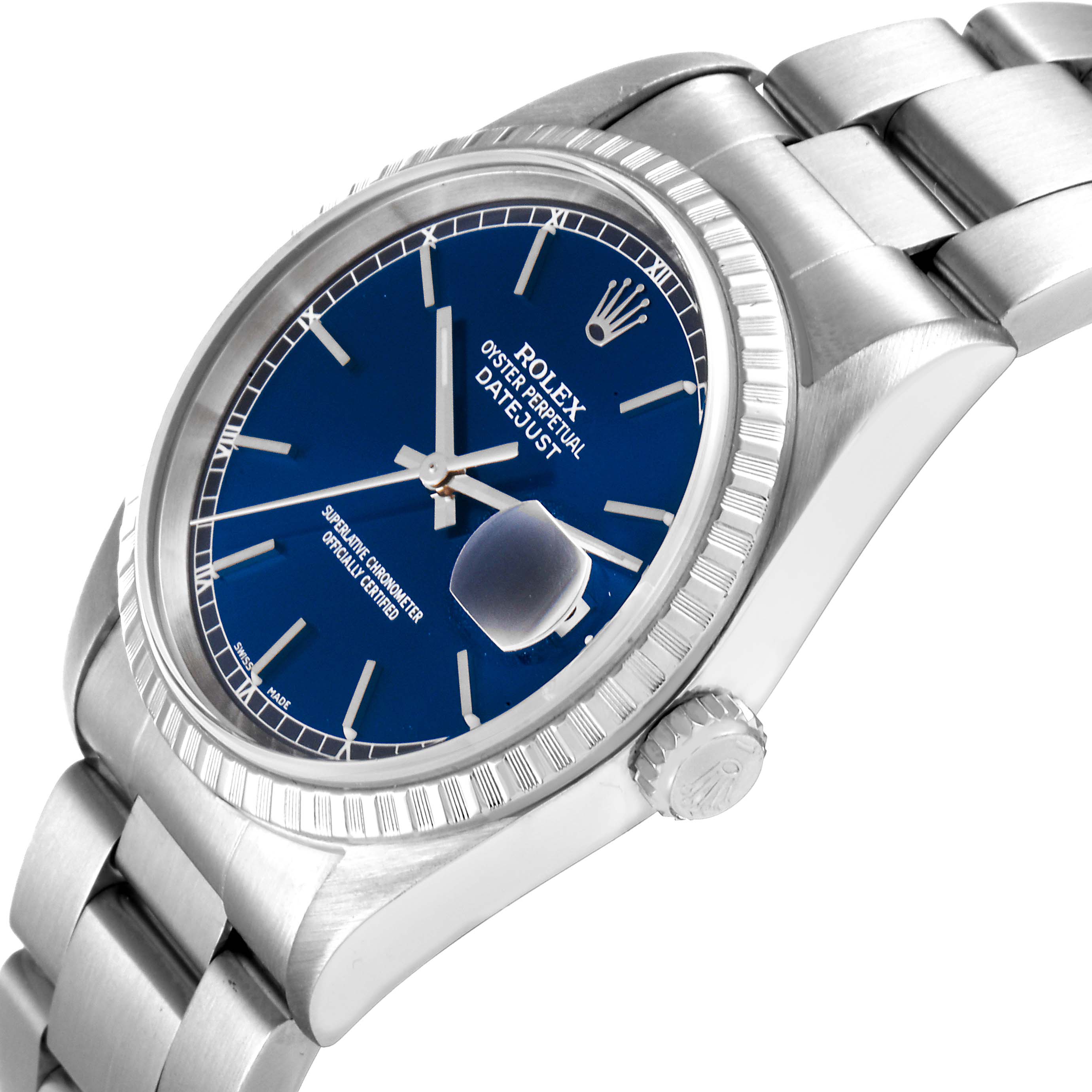 This image shows the Rolex Datejust 16220 Men's Stainless Steel Blue Dial 16220 Men's Stainless Steel Blue Dial watch from an angled side view, highlighting the blue dial, bezel, and bracelet.