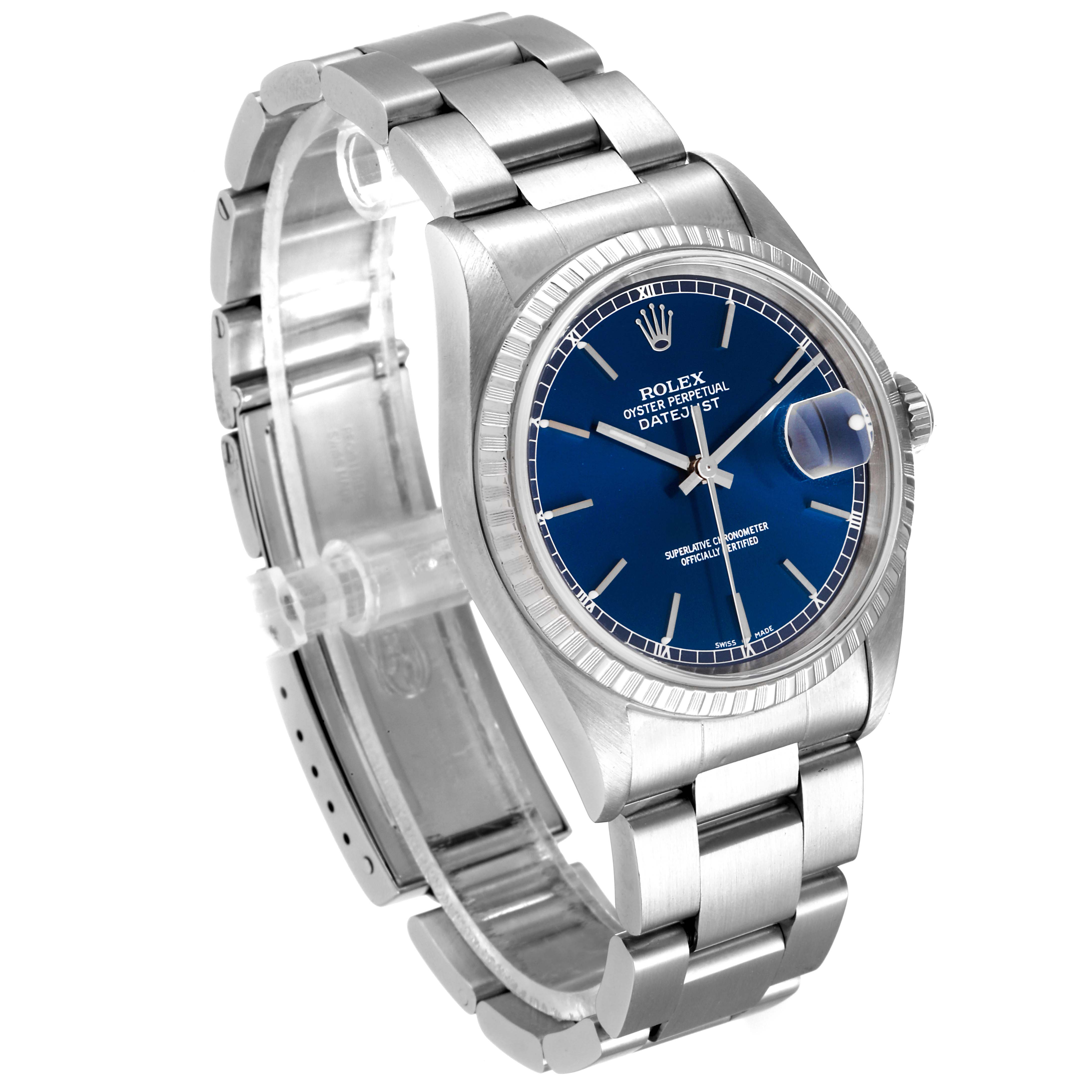 This image shows a Rolex Datejust 16220 Men's Stainless Steel Blue Dial 16220 Men's Stainless Steel Blue Dial watch angled to display the face, bracelet, and crown.