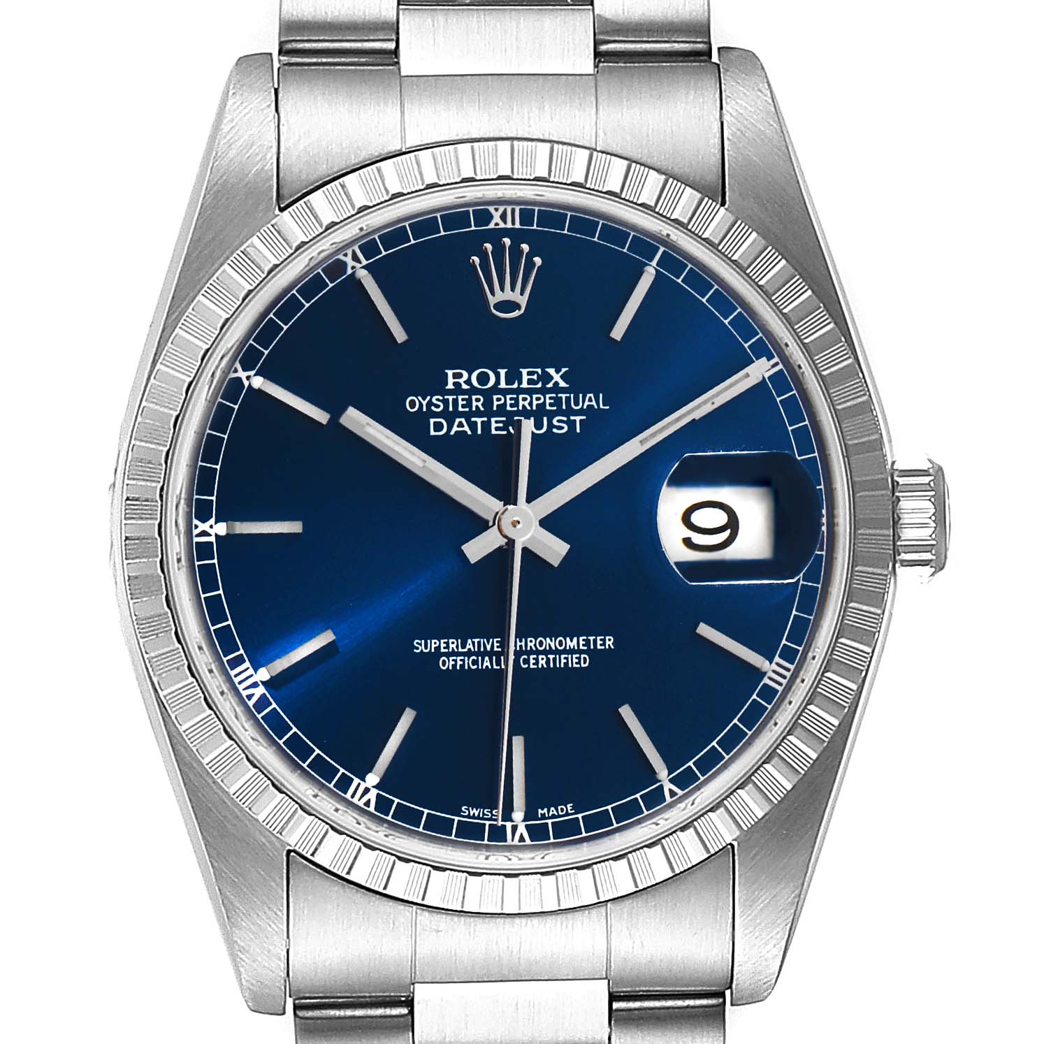 This image shows a front view of a Rolex Datejust 16220 Men's Stainless Steel Blue Dial 16220 Men's Stainless Steel Blue Dial watch, highlighting its blue dial, date window, and silver bracelet.