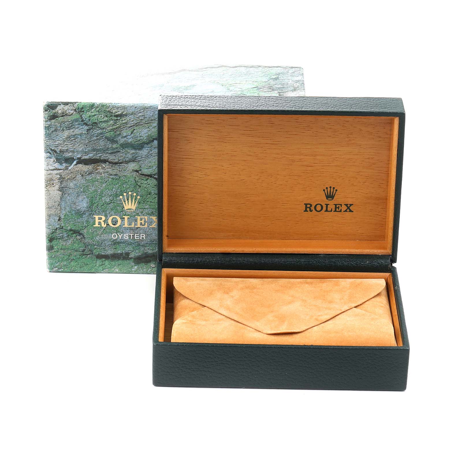 The image shows an open Rolex Datejust 16220 Men's Stainless Steel Blue Dial 16220 Men's Stainless Steel Blue Dial box with the outer sleeve and an envelope inside.