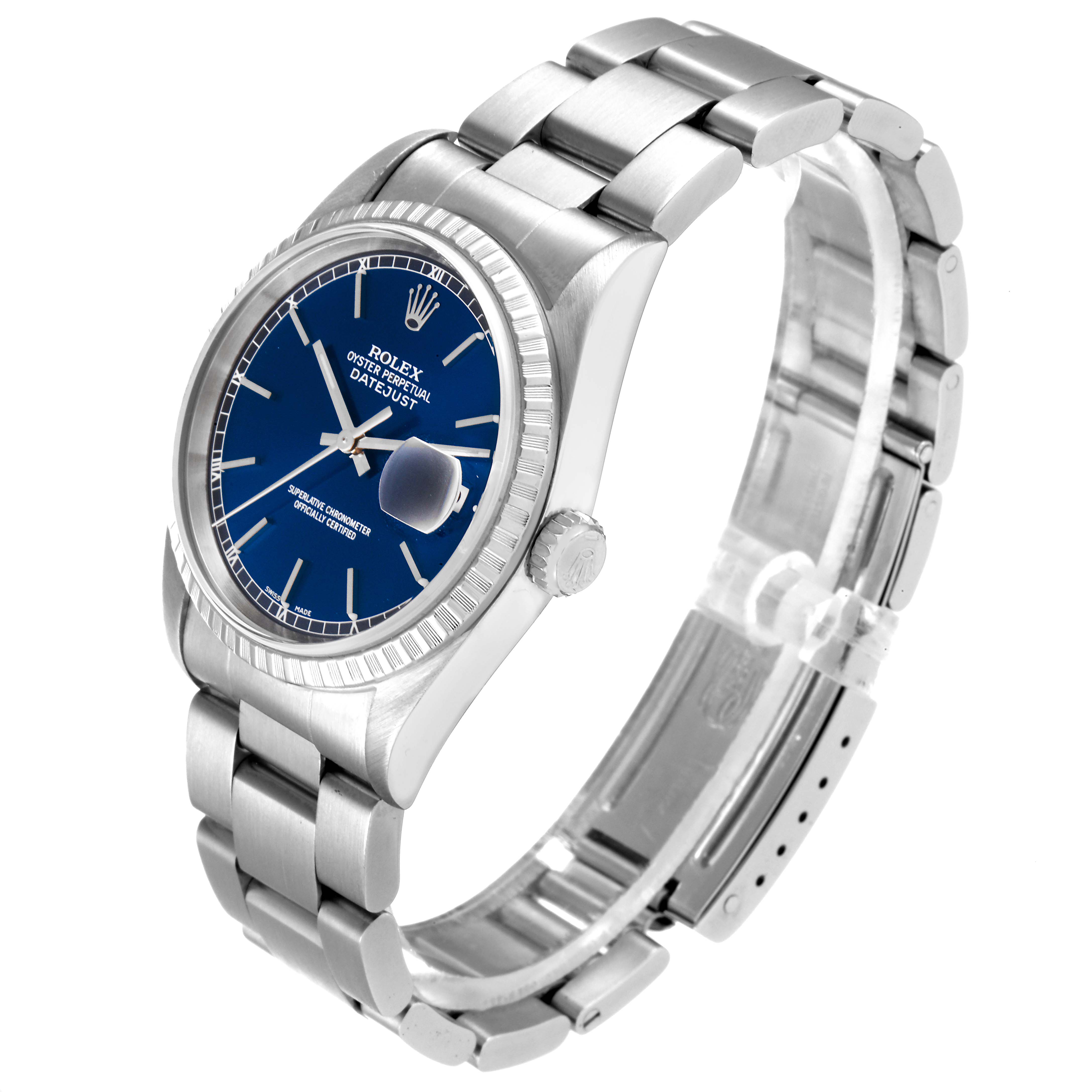 This image shows a side angle of a Rolex Datejust 16220 Men's Stainless Steel Blue Dial 16220 Men's Stainless Steel Blue Dial watch, highlighting its blue dial, stainless steel case, and bracelet.