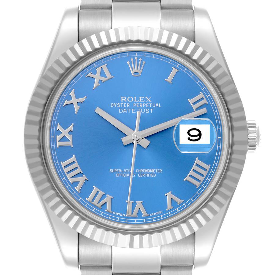 The Rolex Datejust 41 watch is shown from a front angle, highlighting its blue dial, Roman numerals, and fluted bezel.