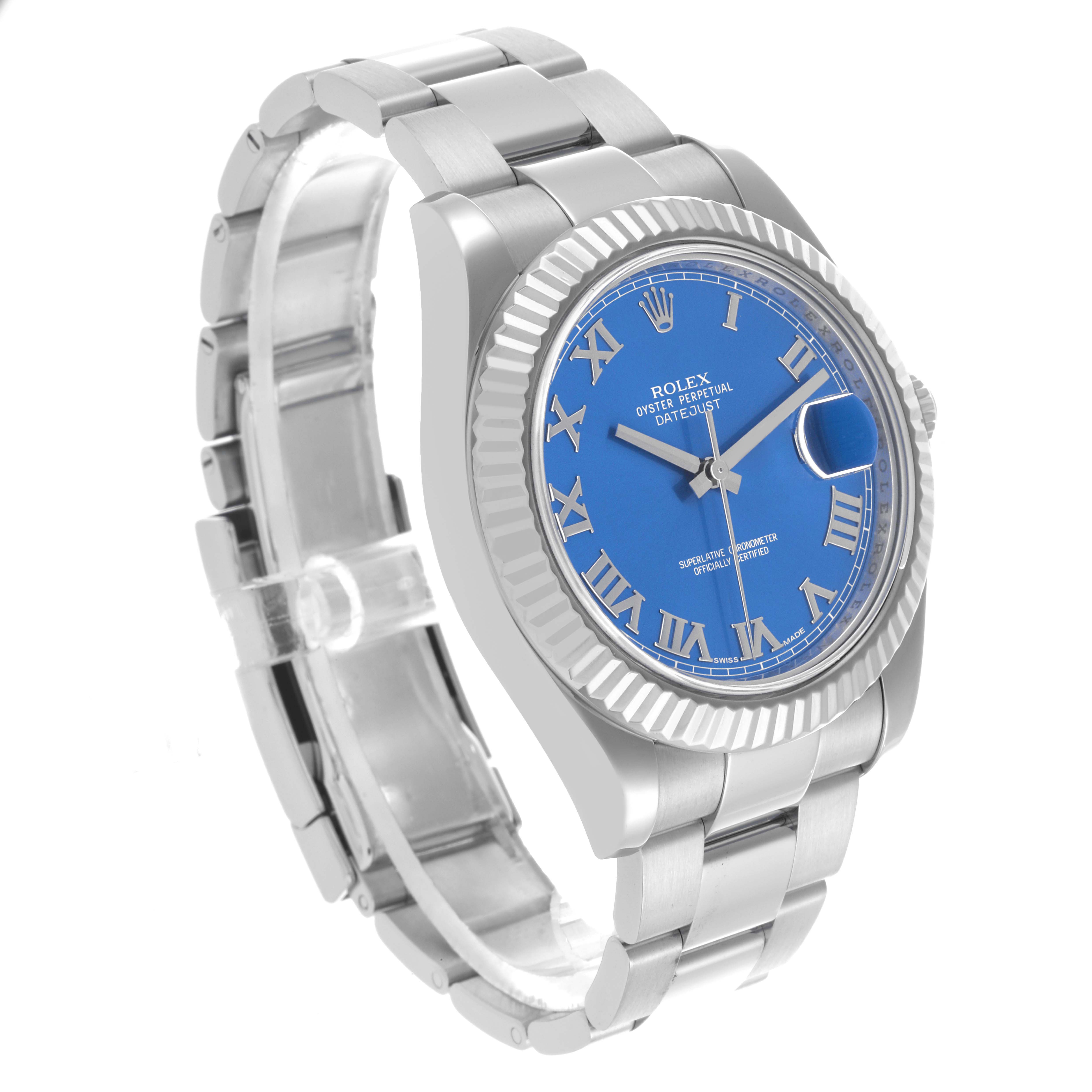 The Rolex Datejust 41 116334 Men's Stainless Steel Blue Dial 116334 Men's Stainless Steel Blue Dial is shown from a slight left angle, highlighting the blue dial, bezel, and stainless steel bracelet.
