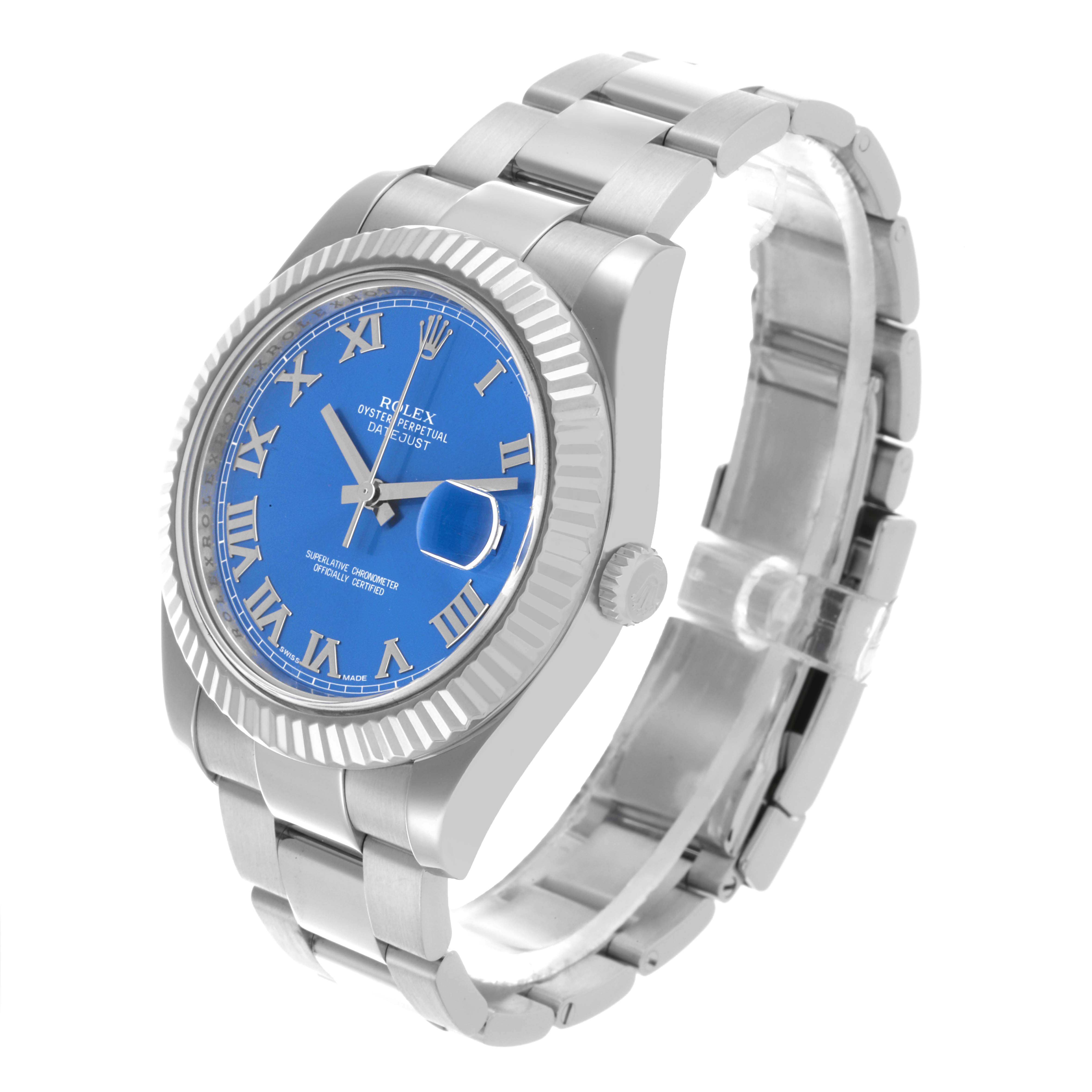 The Rolex Datejust 41 116334 Men's Stainless Steel Blue Dial 116334 Men's Stainless Steel Blue Dial watch is shown at a three-quarter angle highlighting the dial, fluted bezel, and bracelet.