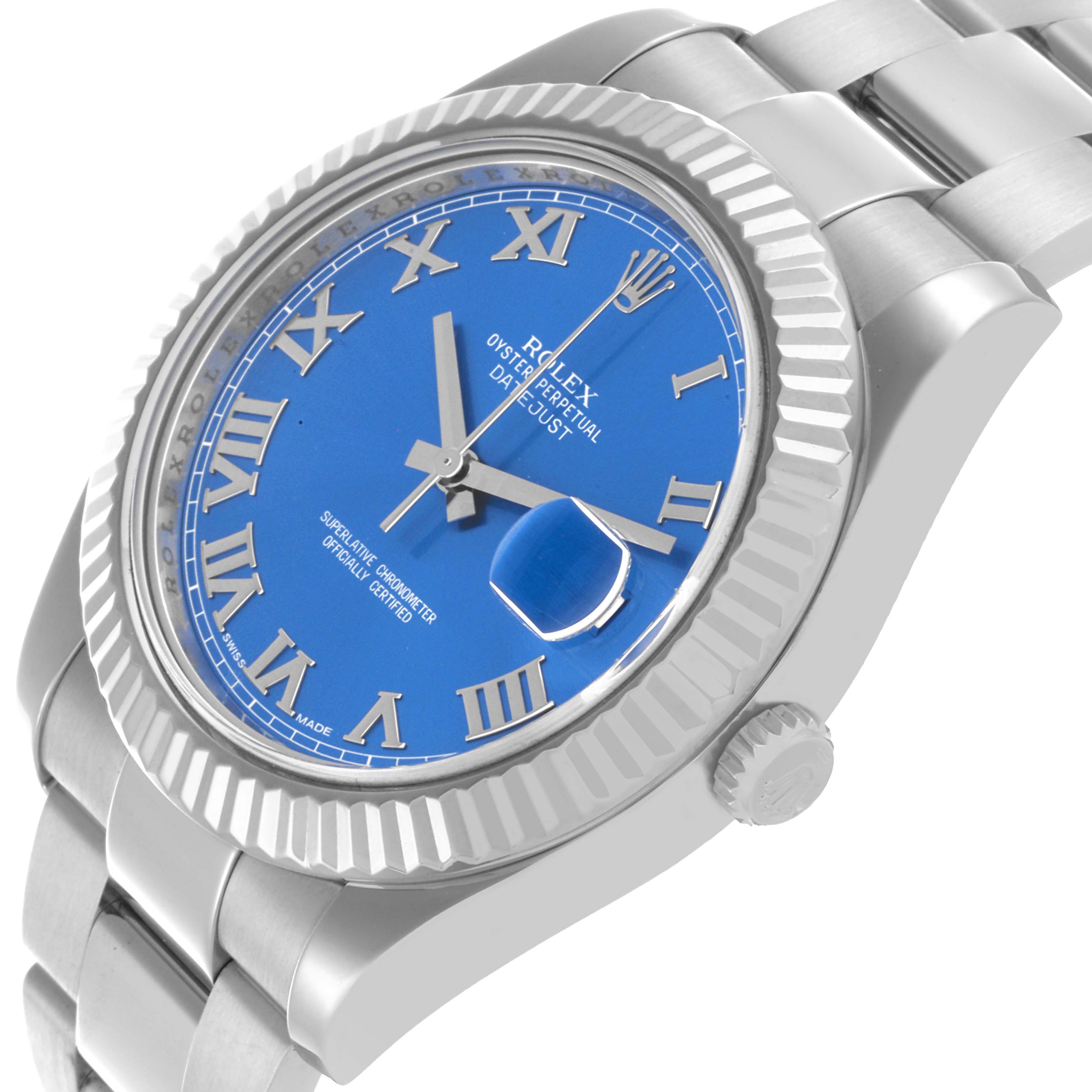 The Rolex Datejust 41 116334 Men's Stainless Steel Blue Dial 116334 Men's Stainless Steel Blue Dial is shown at an angle highlighting the blue dial, fluted bezel, and part of the bracelet.