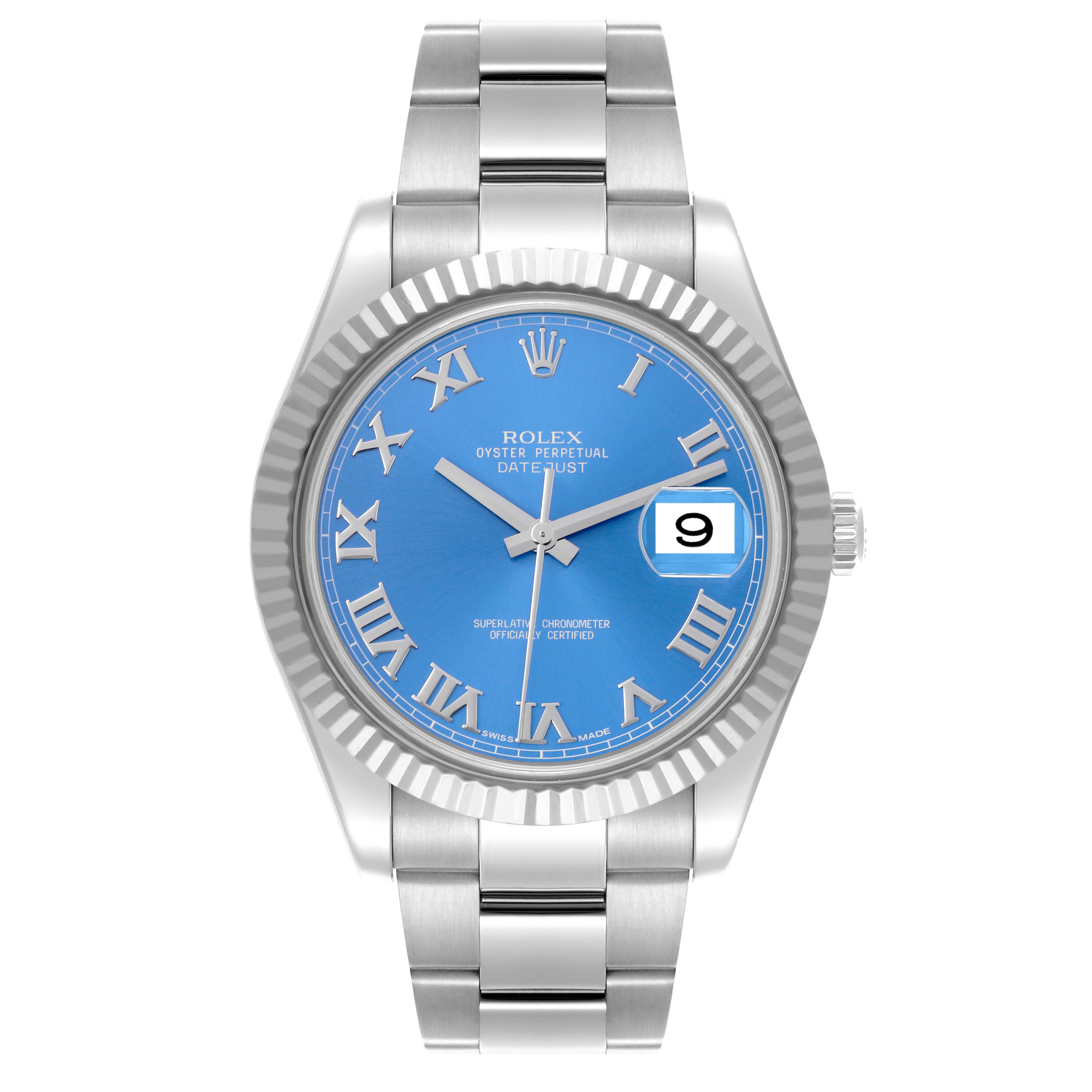 The Rolex Datejust 41 116334 Men's Stainless Steel Blue Dial 116334 Men's Stainless Steel Blue Dial is shown from the front, displaying the blue dial, fluted bezel, and silver Oyster bracelet.