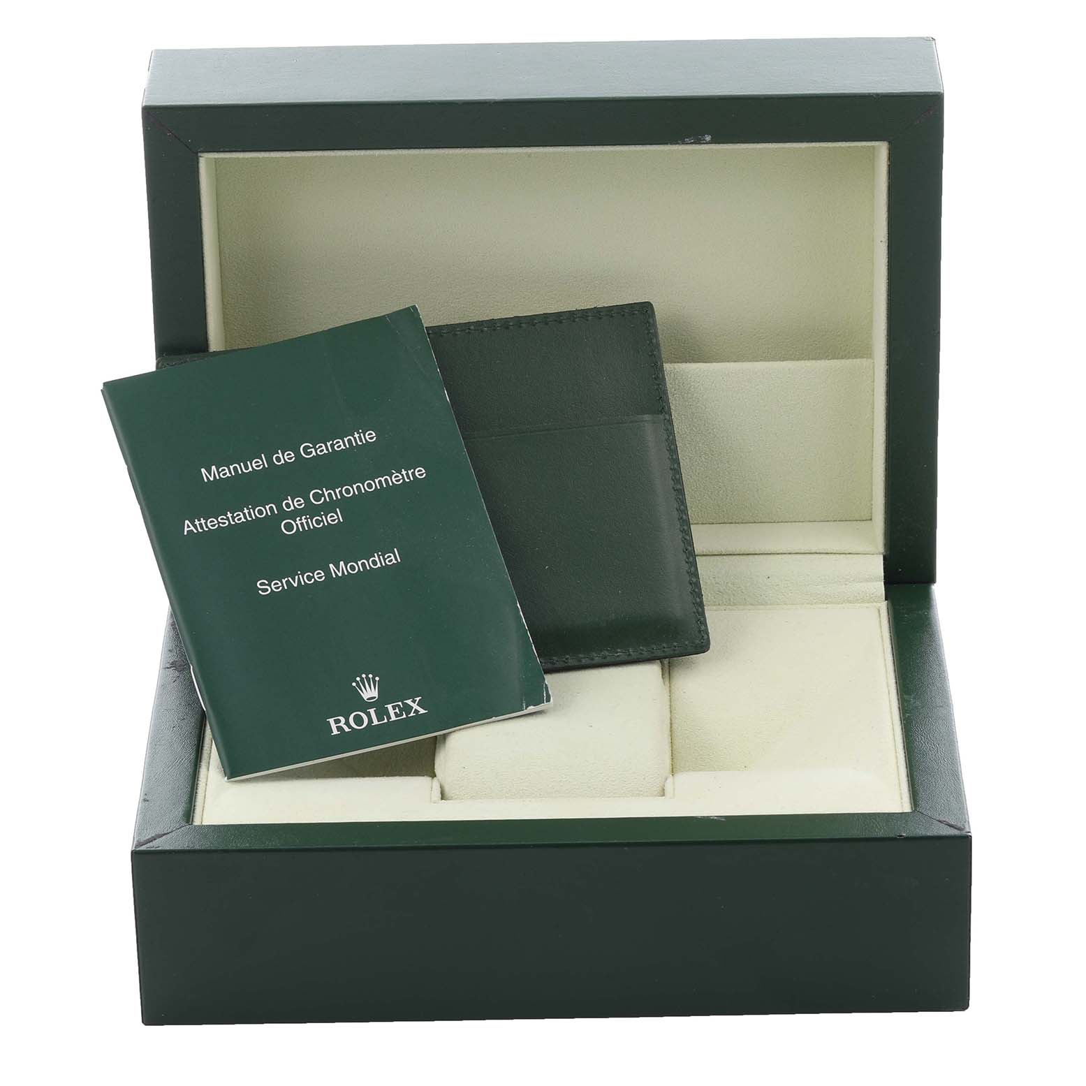 The image shows a Rolex Datejust 41 116334 Men's Stainless Steel Blue Dial 116334 Men's Stainless Steel Blue Dial watch box with a manual and a cardholder.