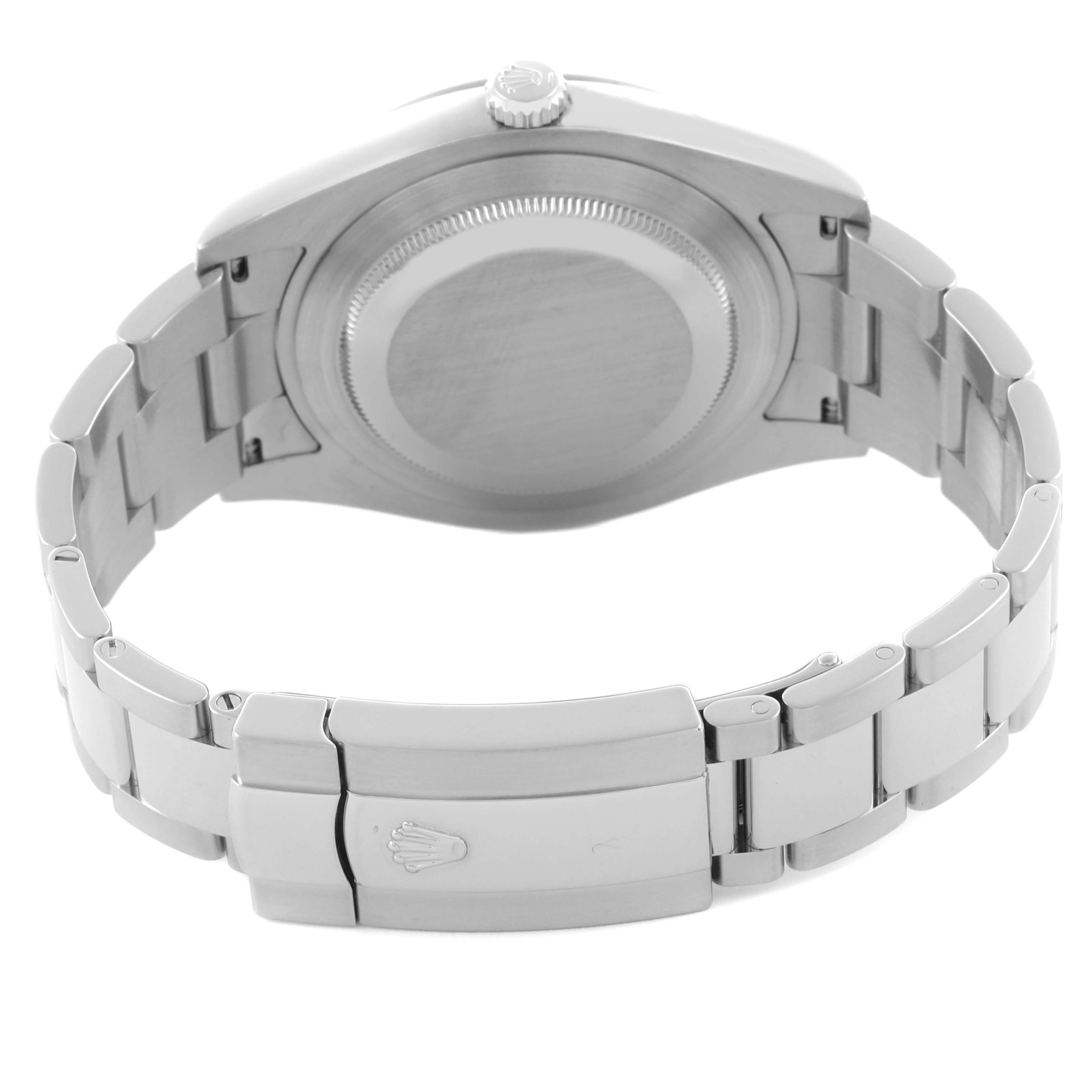 The image shows the back of a Rolex Datejust 41 116334 Men's Stainless Steel Blue Dial 116334 Men's Stainless Steel Blue Dial, highlighting the case back and bracelet clasp.