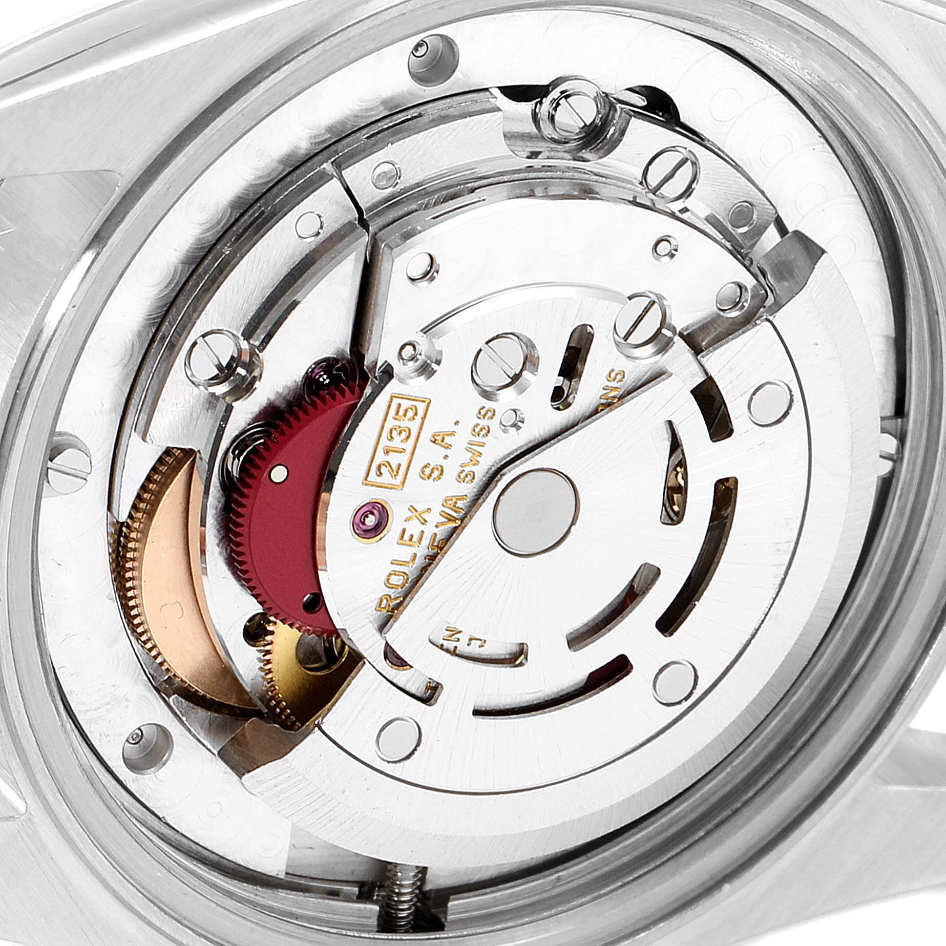 This image shows the internal movement mechanism of a Mid-Size Rolex watch from a rear angle.