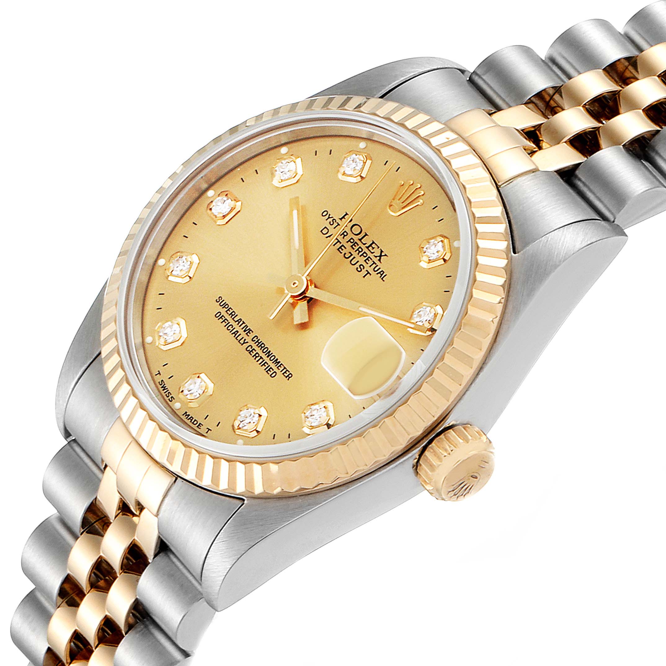 This image shows a close-up side angle of a Mid-Size Rolex watch, highlighting the bezel, dial, crown, and bracelet.