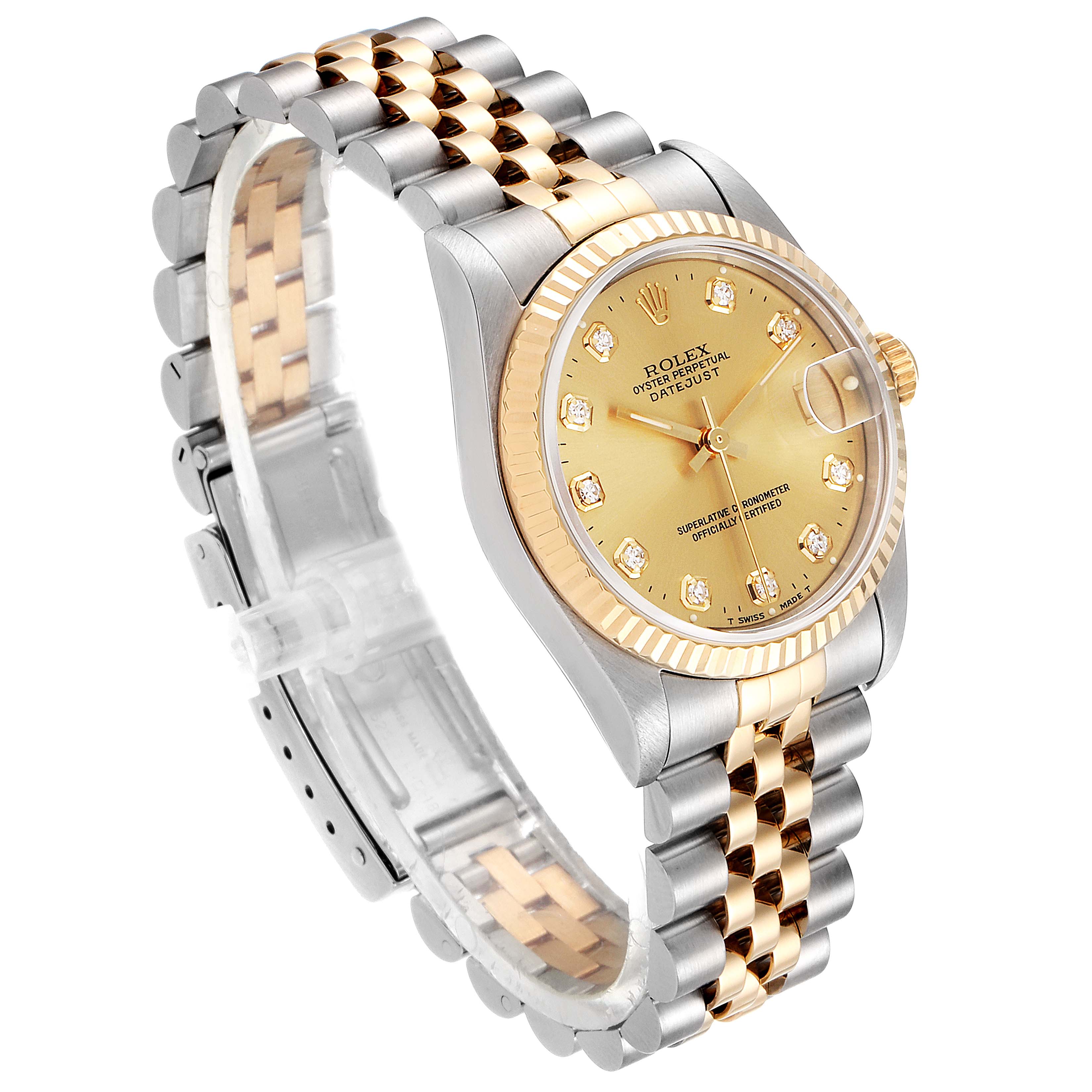 The Rolex Mid-Size 68273 Women's Steel and Gold (two tone) Champagne Dial 68273 Women's Steel and Gold (two tone) Champagne Dial model watch is shown in an angled view displaying its face, bezel, and bi-metal bracelet.