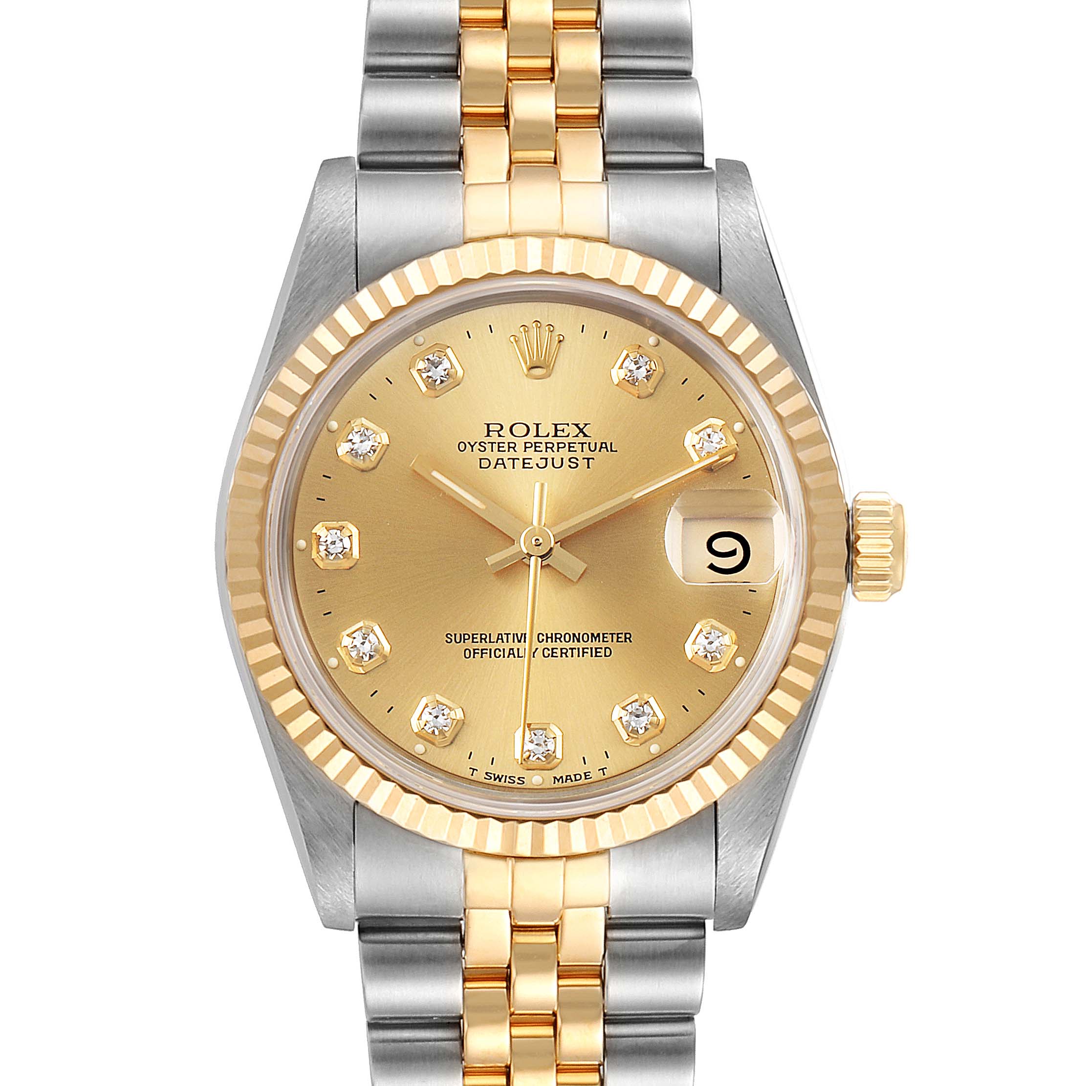 A front view of the mid-size Rolex Datejust showing the dial, bezel, crown, and two-tone bracelet.