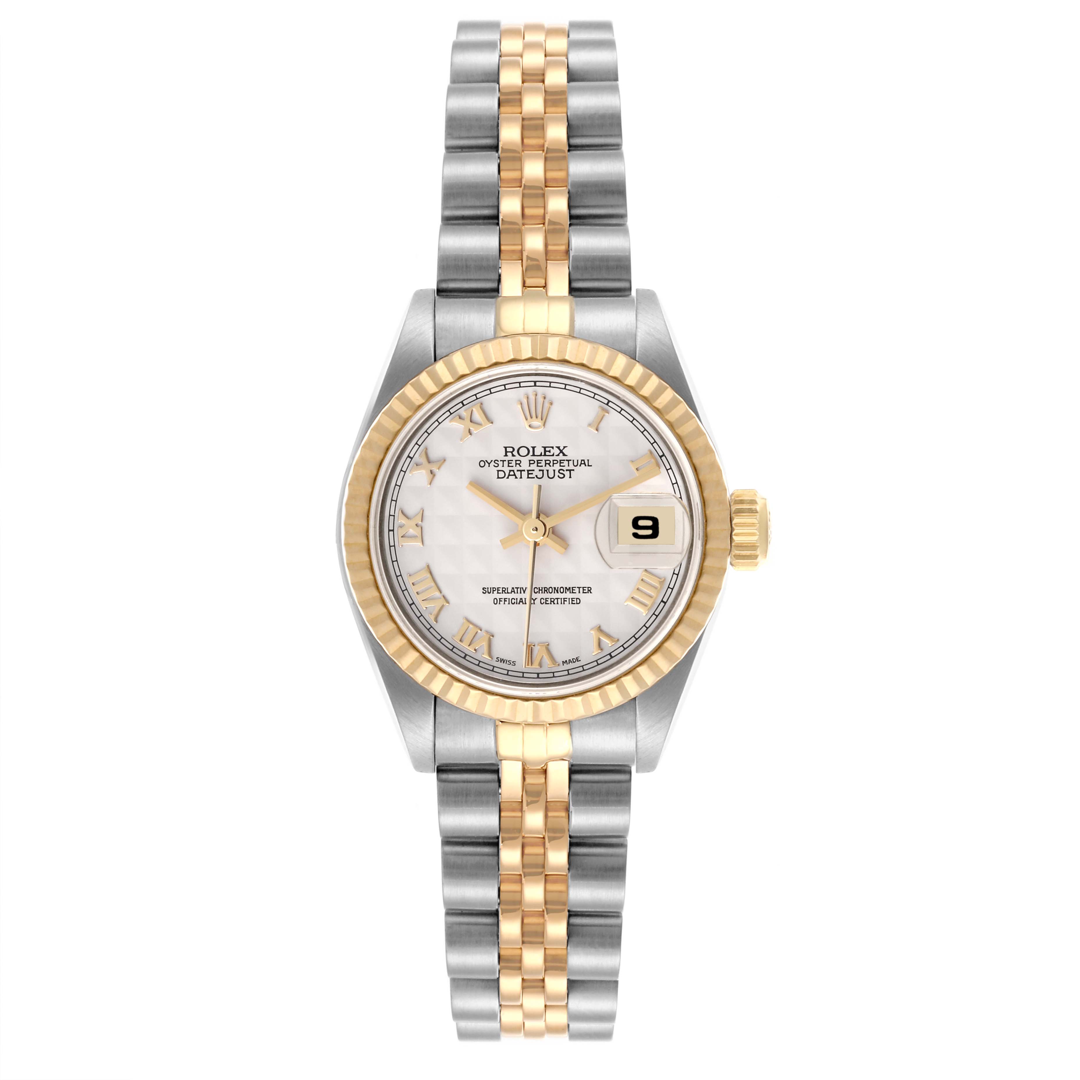 The Rolex Datejust 69173 Women's Steel and Gold (two tone) White Dial 69173 Women's Steel and Gold (two tone) White Dial watch is shown from a front view, displaying the dial, bezel, and full bracelet.