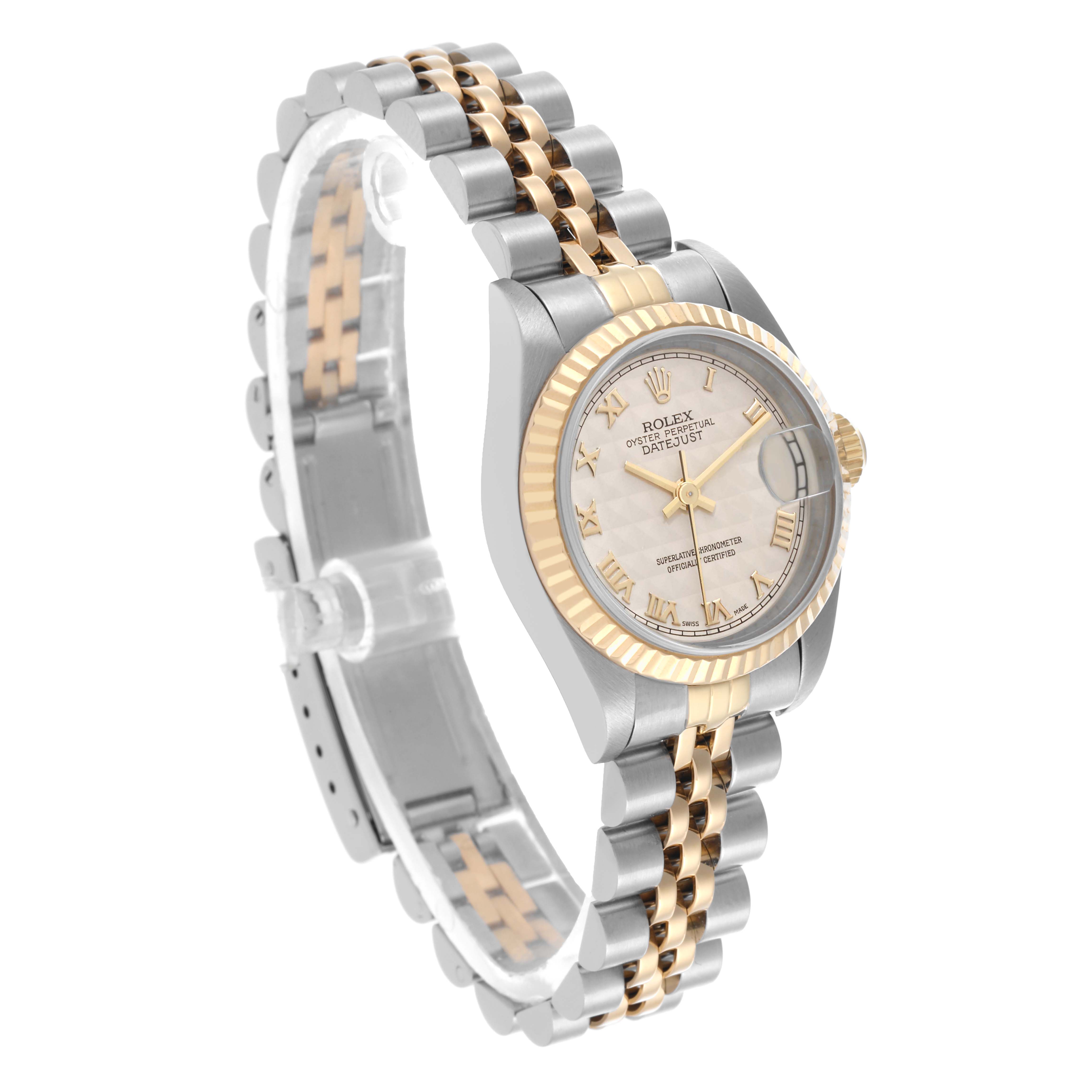 The Rolex Datejust 69173 Women's Steel and Gold (two tone) White Dial 69173 Women's Steel and Gold (two tone) White Dial watch is shown at an angled side view, featuring the bezel, dial, and two-tone bracelet.