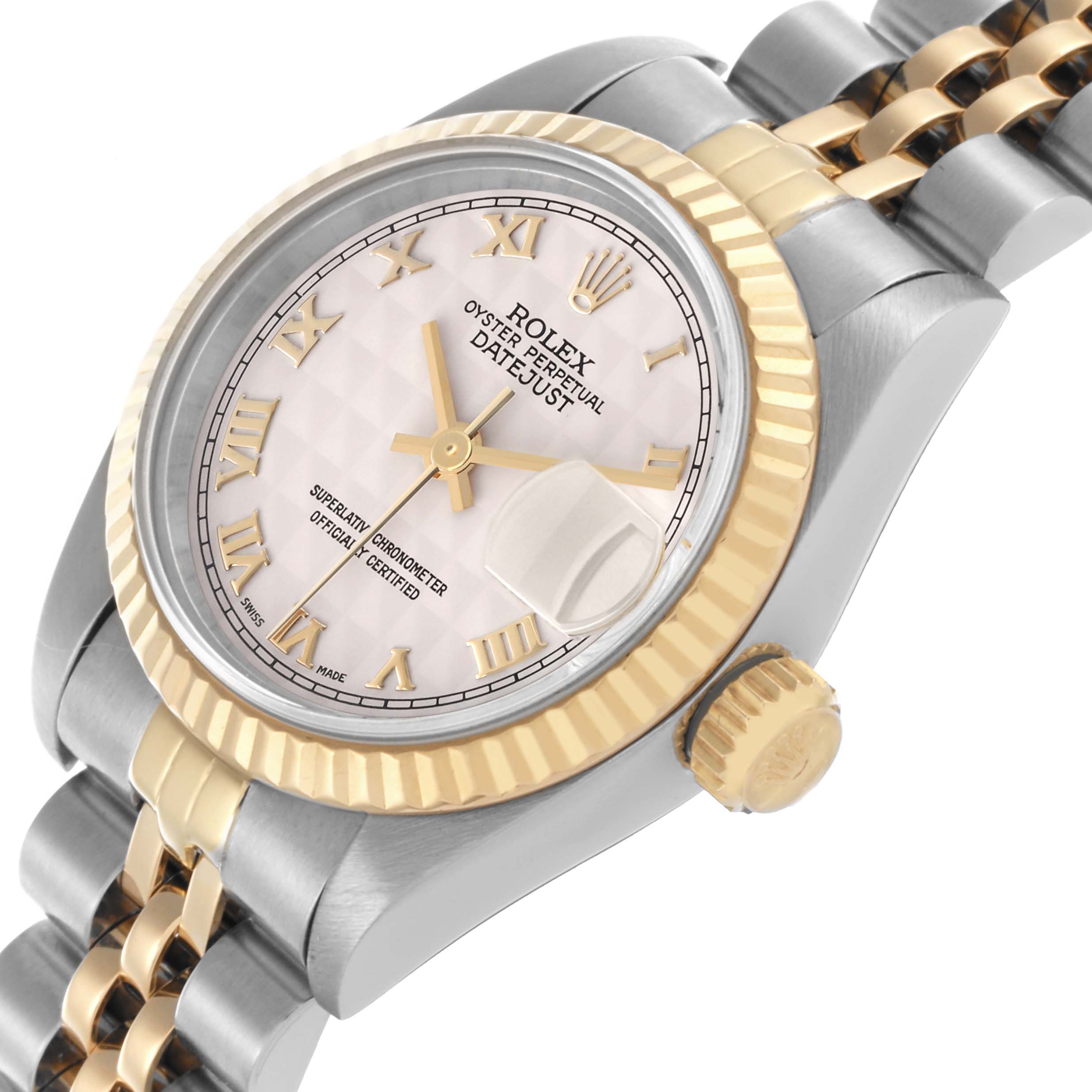 The Rolex Datejust 69173 Women's Steel and Gold (two tone) White Dial 69173 Women's Steel and Gold (two tone) White Dial watch is shown at a slight angle, highlighting the bezel, face, crown, and a portion of the bracelet.