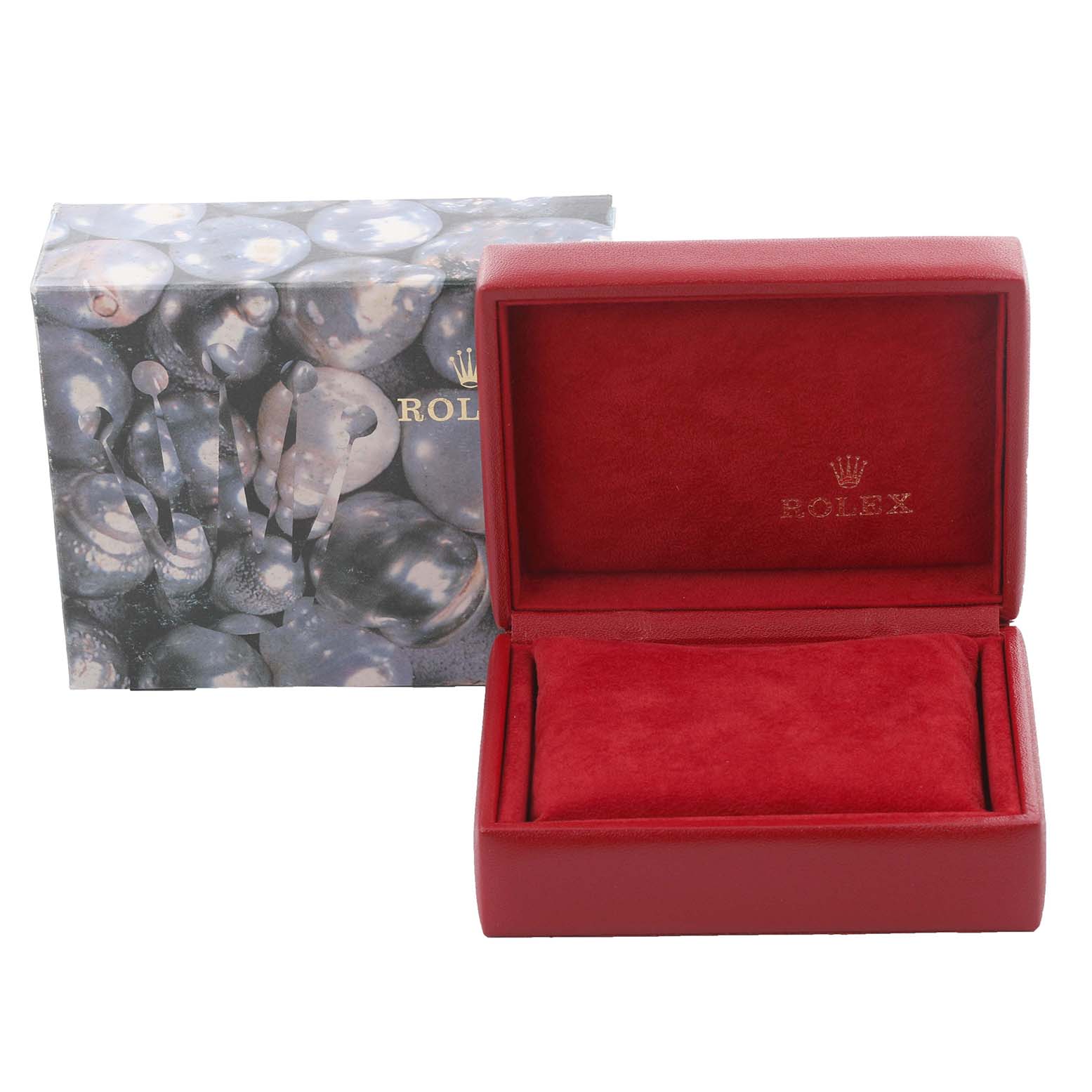 The image shows a Rolex Datejust 69173 Women's Steel and Gold (two tone) White Dial 69173 Women's Steel and Gold (two tone) White Dial watch box and packaging from a front angle, without the watch inside.