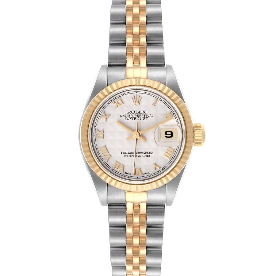 The Rolex Datejust is shown from a front angle, displaying the dial, bezel, and bracelet.