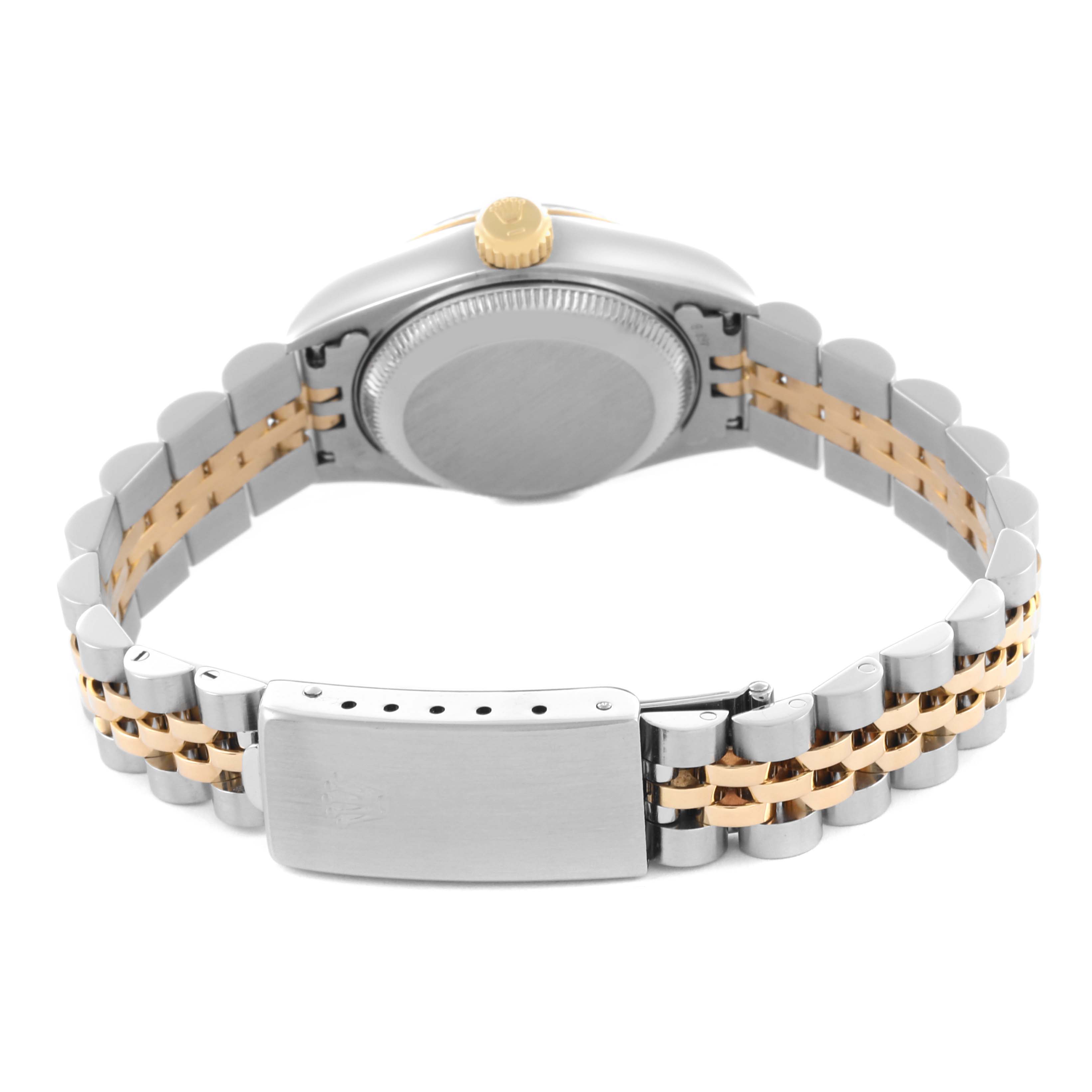 The Rolex Datejust 69173 Women's Steel and Gold (two tone) White Dial 69173 Women's Steel and Gold (two tone) White Dial is shown from the back, highlighting the case back, crown, and two-tone bracelet with a clasp.