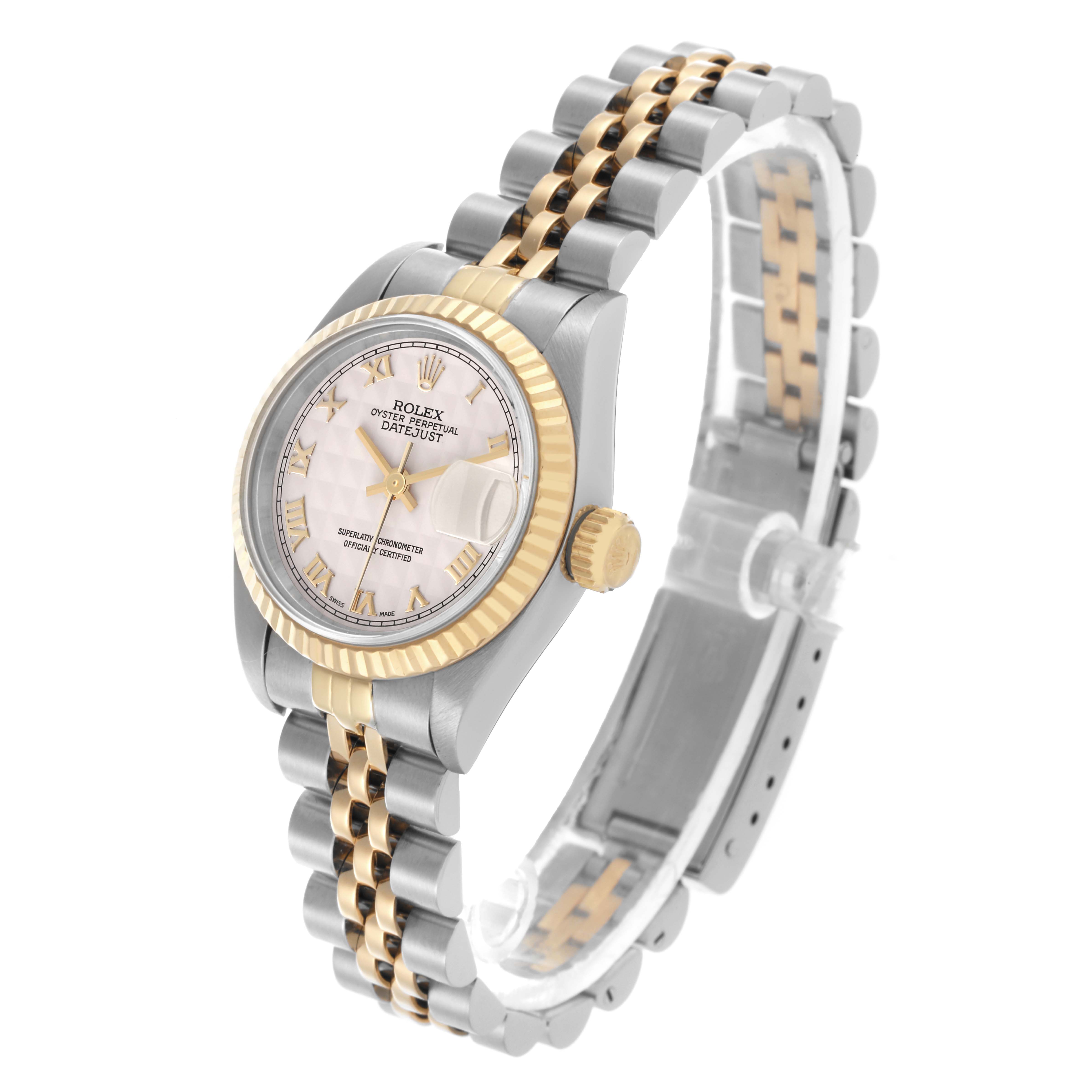 The Rolex Datejust 69173 Women's Steel and Gold (two tone) White Dial 69173 Women's Steel and Gold (two tone) White Dial watch is shown at an angled view, highlighting the face, bezel, crown, and two-tone bracelet.