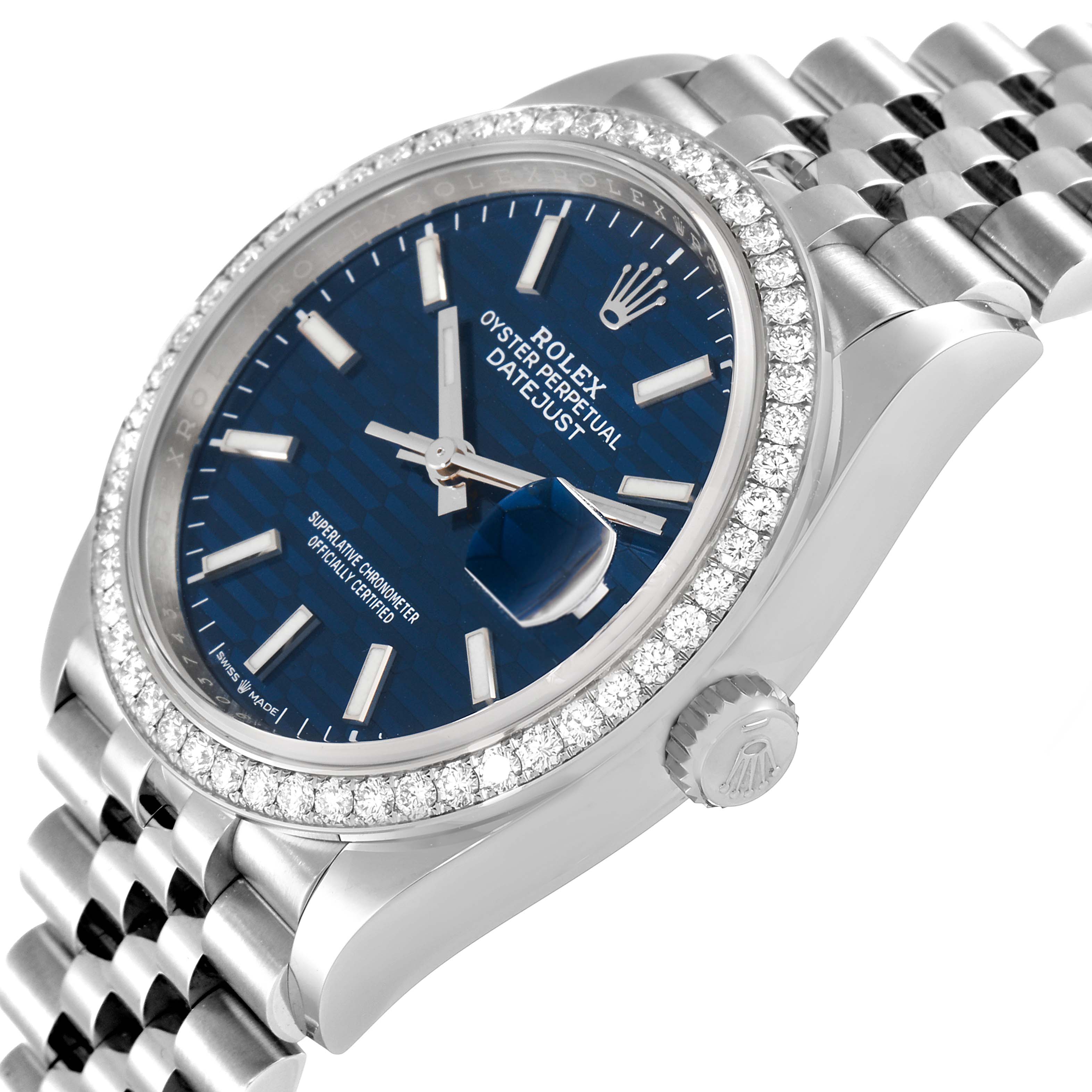 The image shows a Rolex Datejust 126284 Men's Stainless Steel Blue Dial 126284 Men's Stainless Steel Blue Dial watch at a three-quarter angle, highlighting its blue dial, diamond bezel, and Jubilee bracelet.