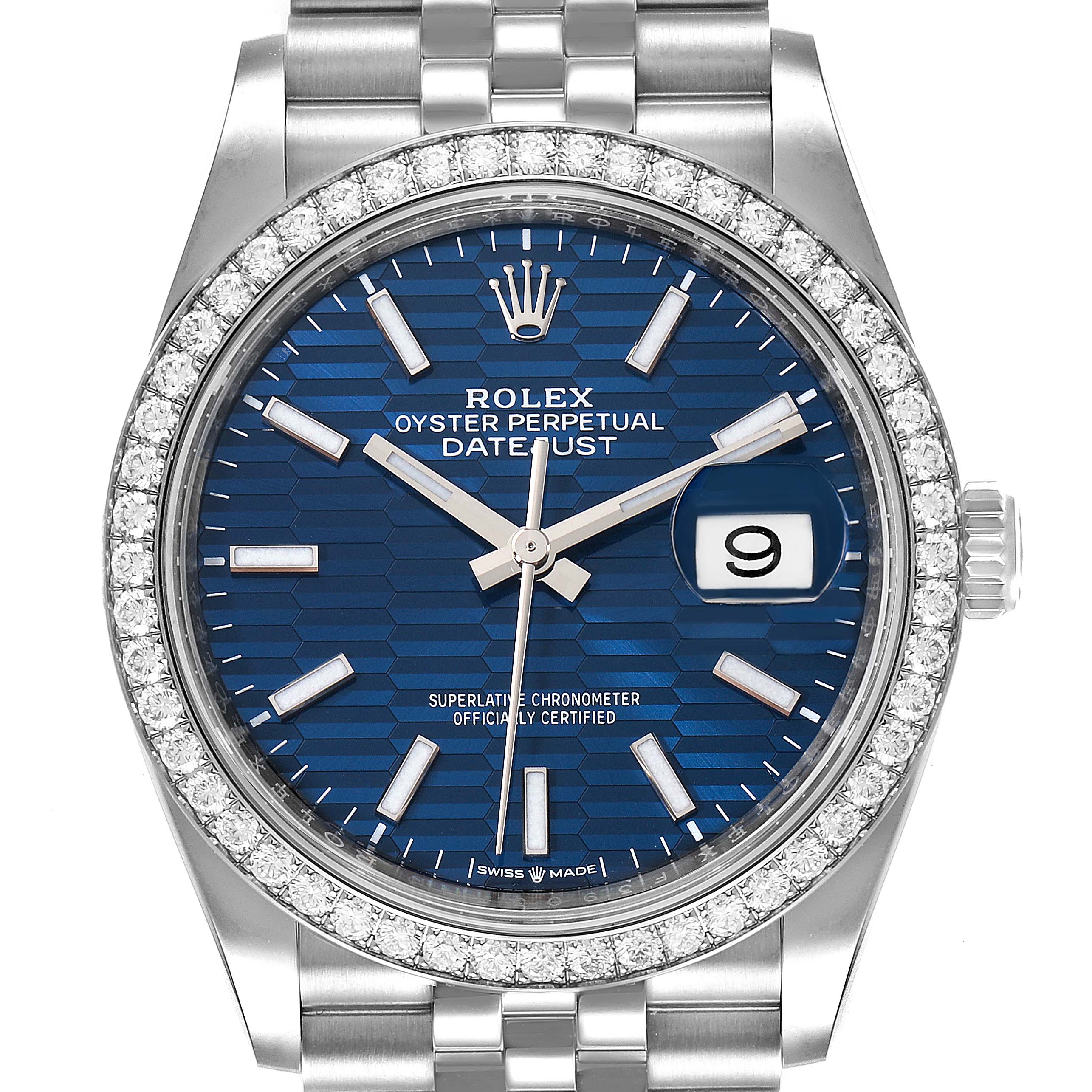 The Rolex Datejust 126284 Men's Stainless Steel Blue Dial 126284 Men's Stainless Steel Blue Dial watch is shown from the front, highlighting its blue dial, silver bracelet, and diamond-set bezel.