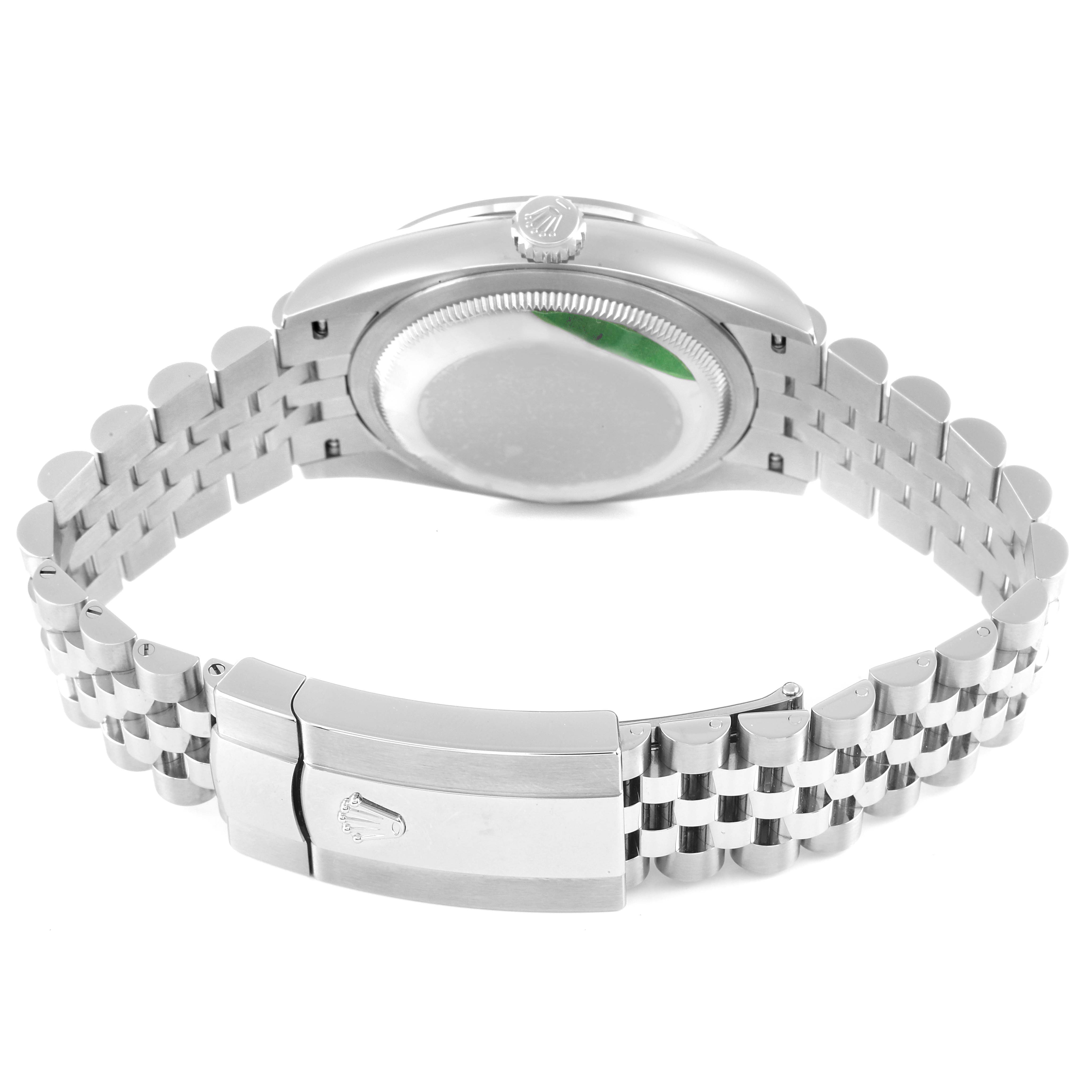 This image shows the back view of a Rolex Datejust 126284 Men's Stainless Steel Blue Dial 126284 Men's Stainless Steel Blue Dial watch, featuring its clasp, bracelet, and case back.