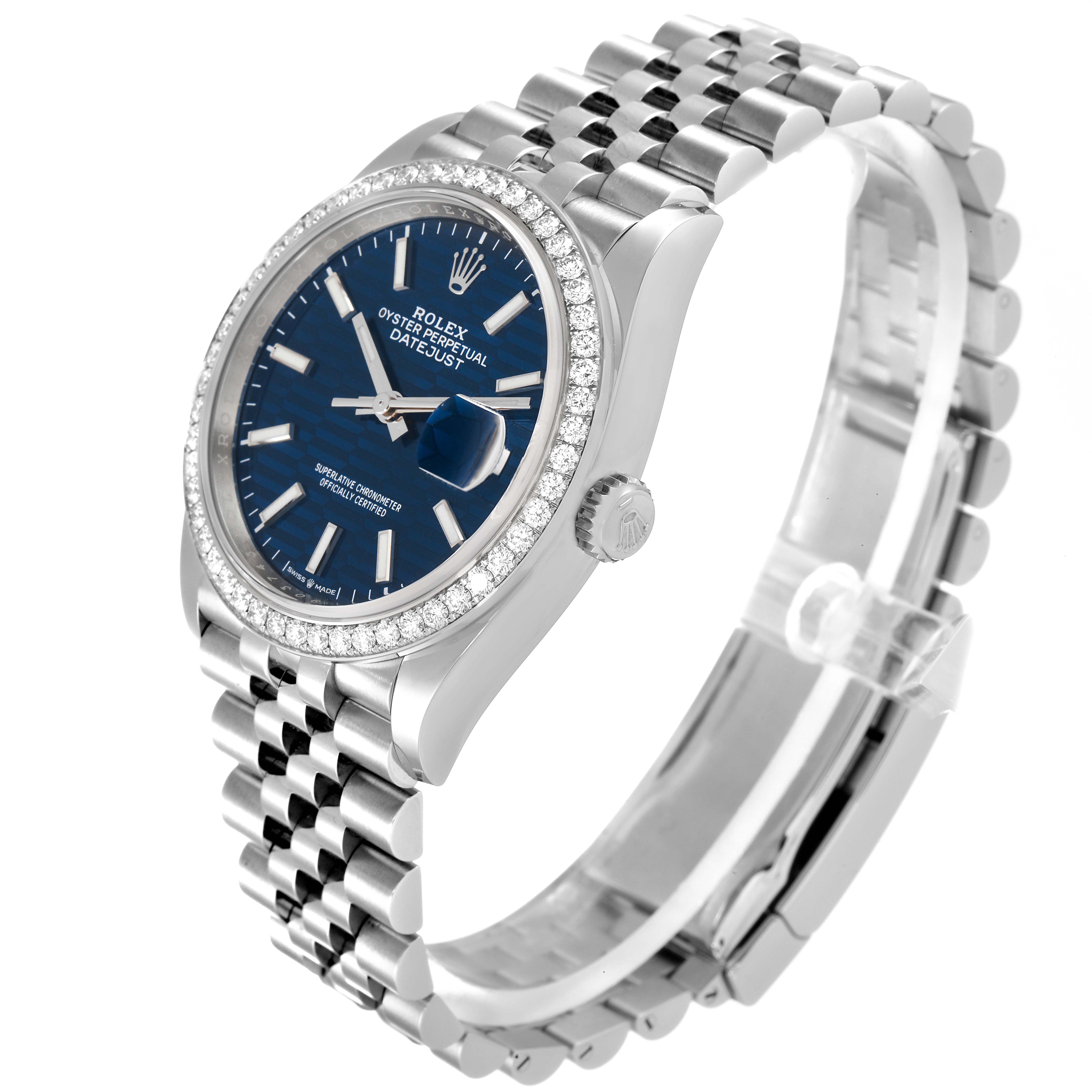 This image shows a Rolex Datejust 126284 Men's Stainless Steel Blue Dial 126284 Men's Stainless Steel Blue Dial watch at a three-quarter angle, highlighting the watch face, bezel, crown, and bracelet.