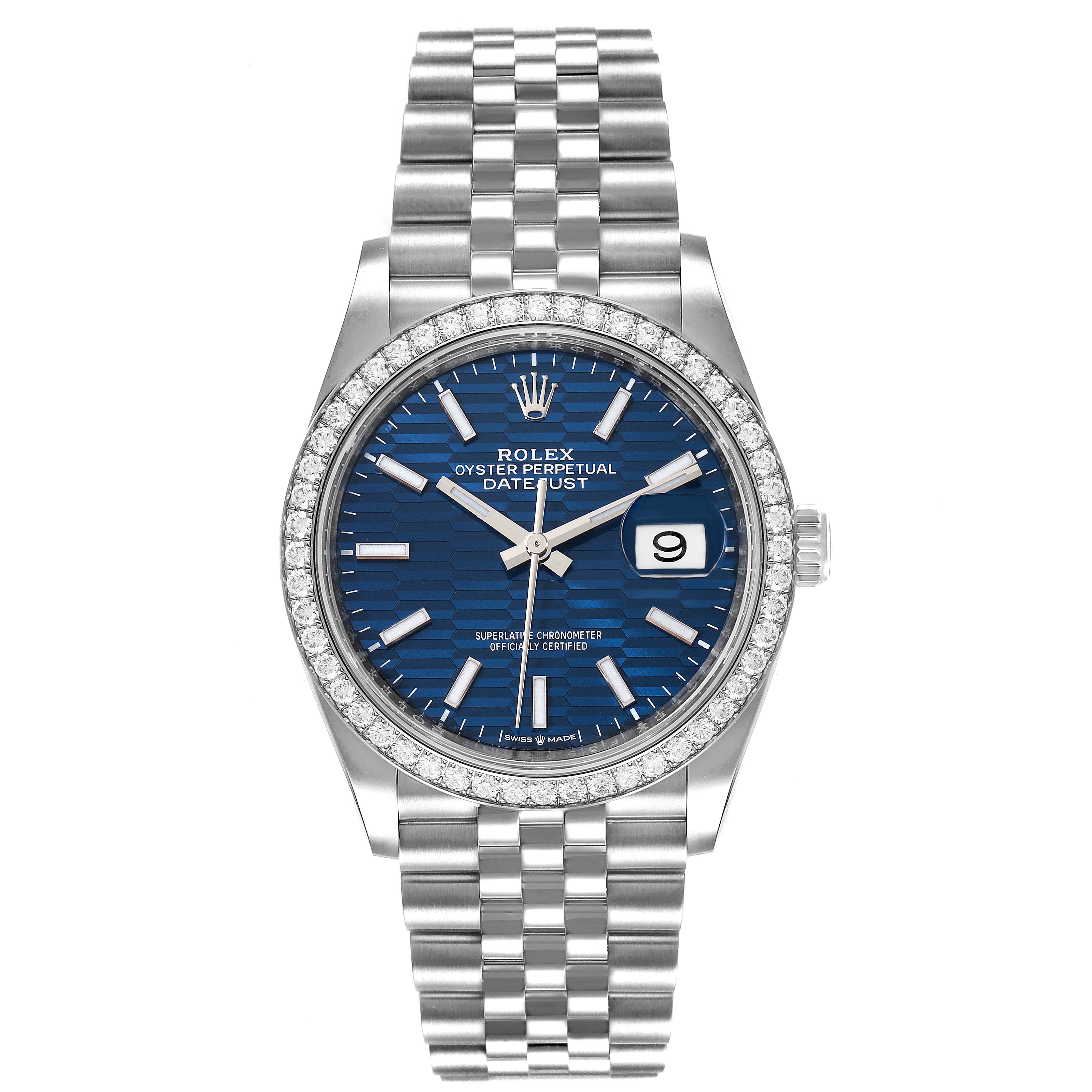 This Rolex Datejust 126284 Men's Stainless Steel Blue Dial 126284 Men's Stainless Steel Blue Dial model watch is shown from the front, displaying its face, bezel, and bracelet.