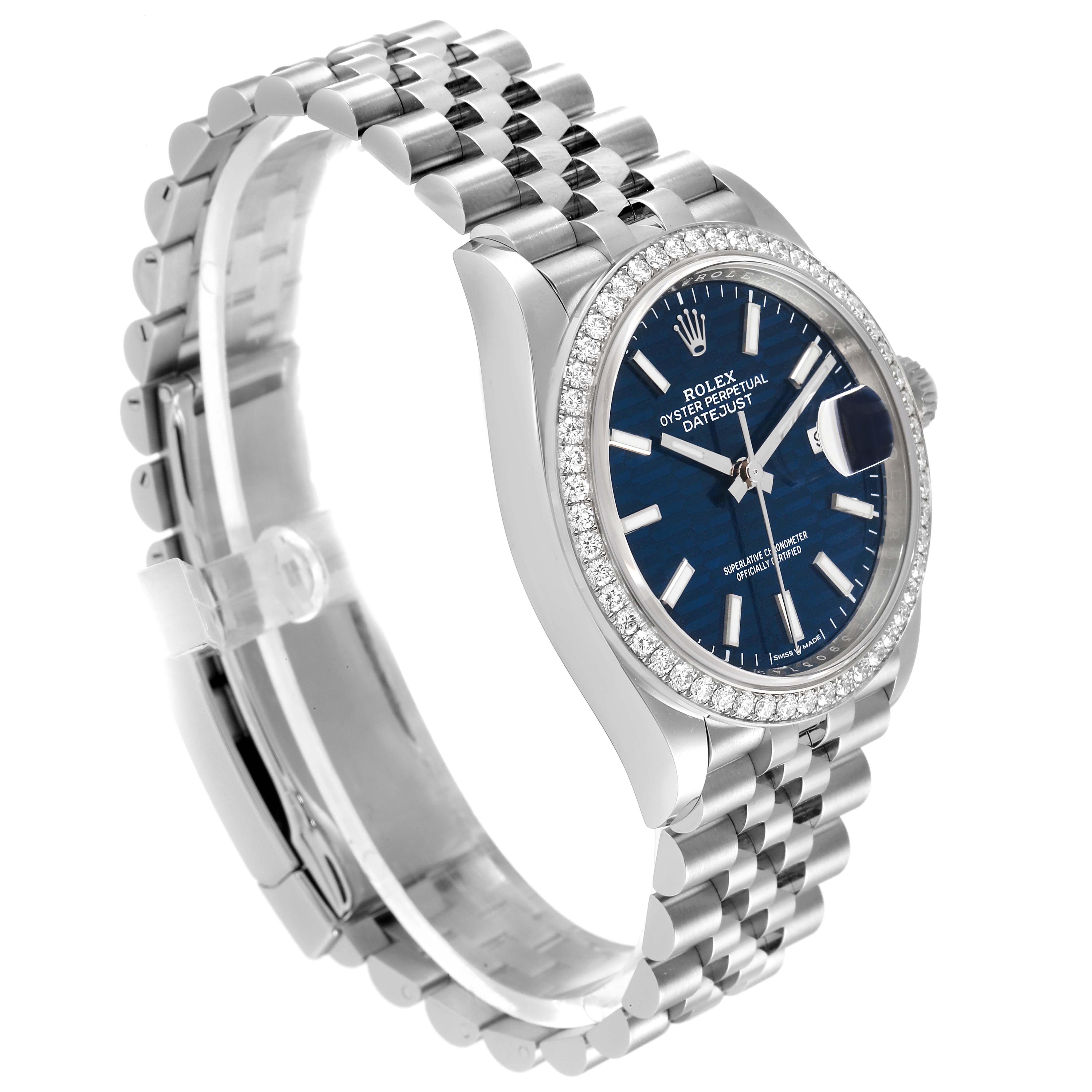 The image shows a side angled view of a Rolex Datejust 126284 Men's Stainless Steel Blue Dial 126284 Men's Stainless Steel Blue Dial watch, highlighting its dial, bezel, and bracelet.