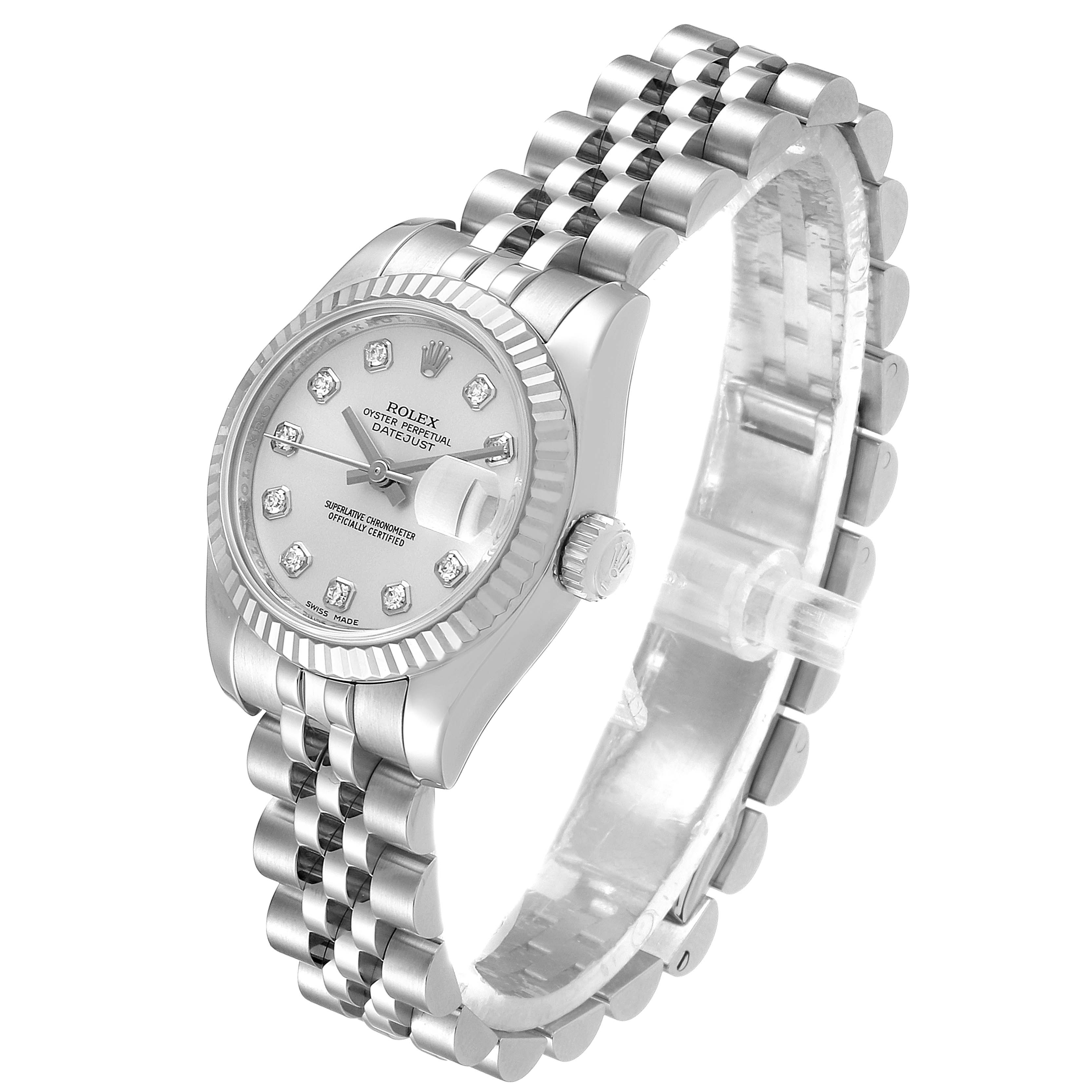 The image shows a Rolex Datejust 179174 Women's Stainless Steel Silver Dial 179174 Women's Stainless Steel Silver Dial watch from a three-quarter angle, highlighting the watch face, bezel, and bracelet.