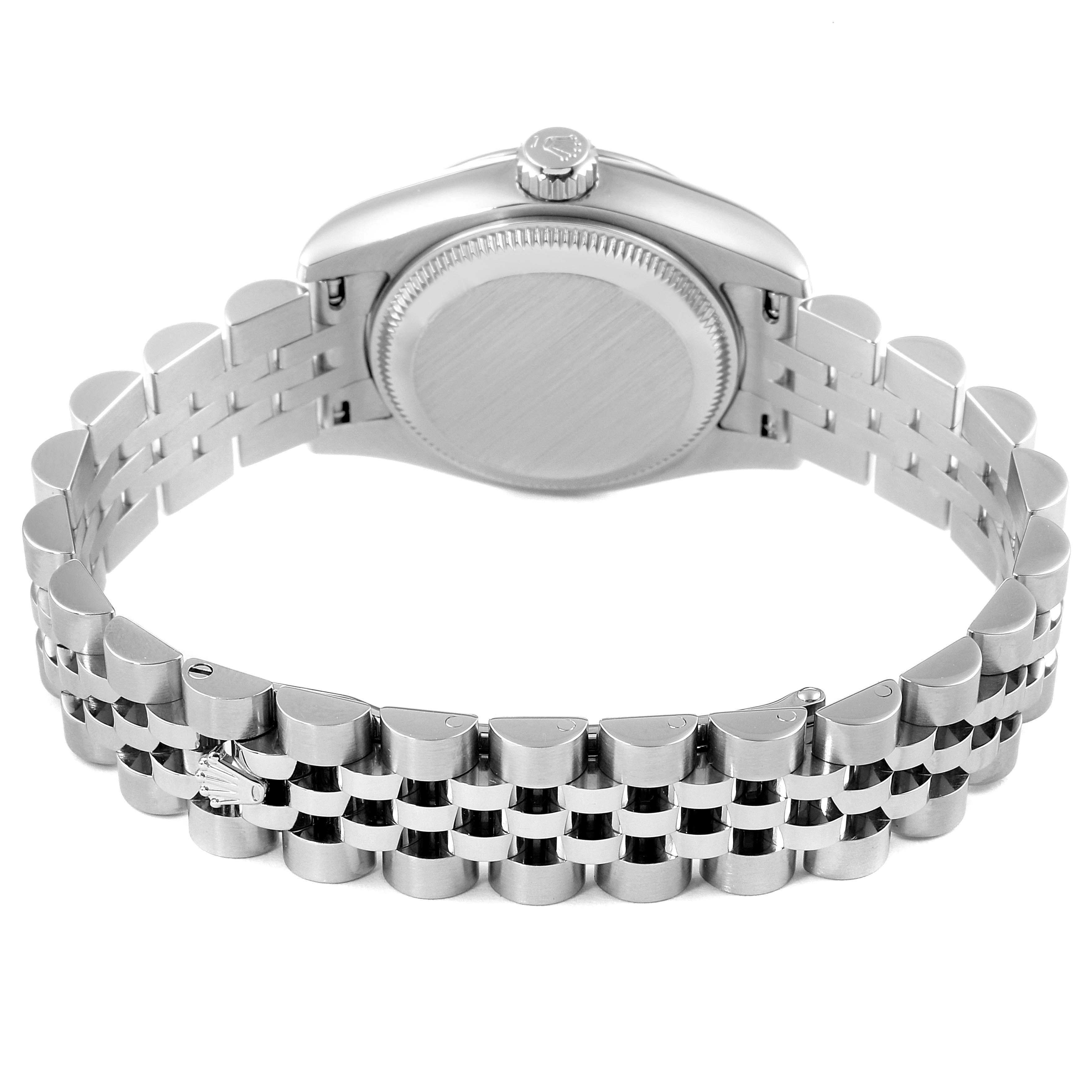This image shows the back view of a Rolex Datejust 179174 Women's Stainless Steel Silver Dial 179174 Women's Stainless Steel Silver Dial watch, highlighting its case back and jubilee bracelet.