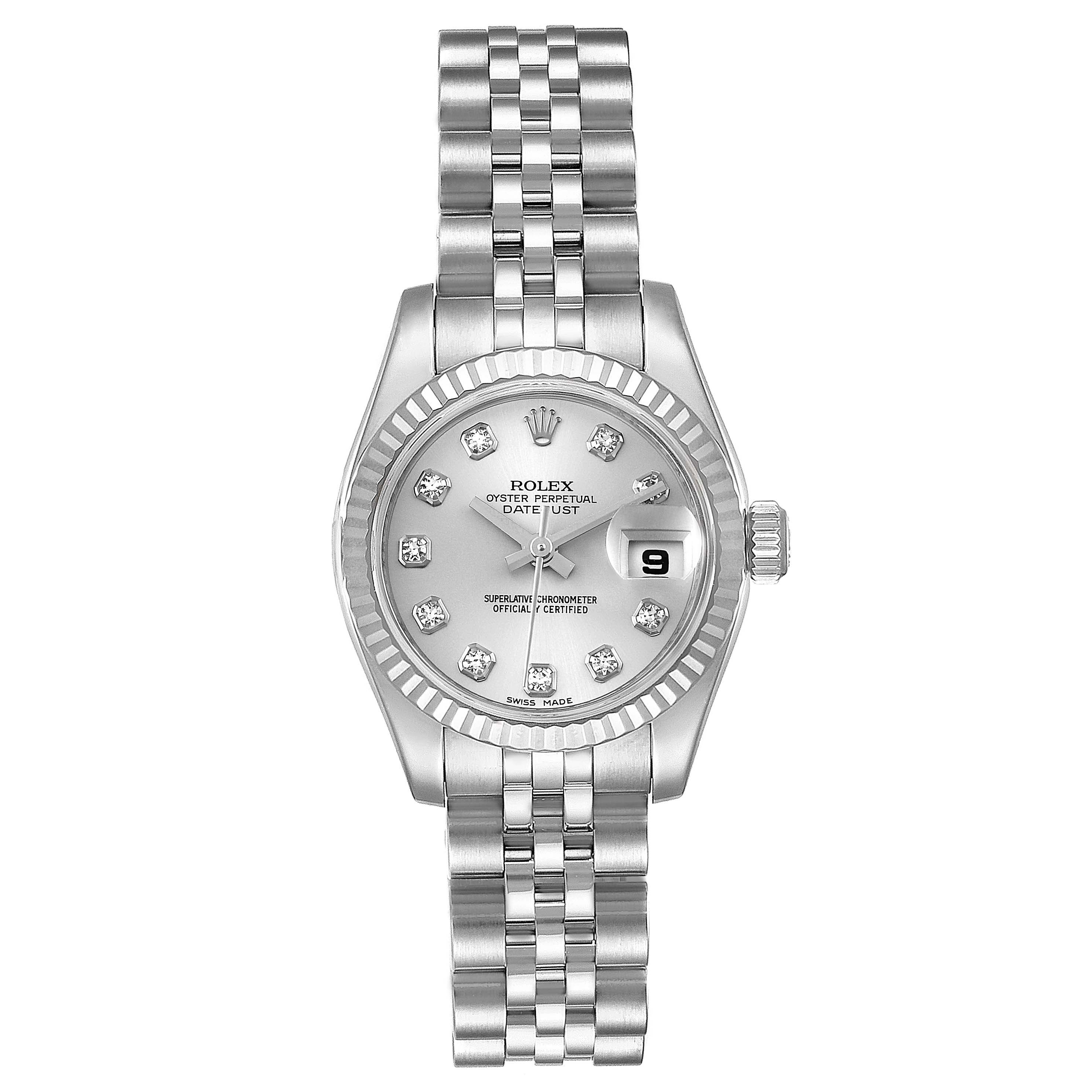 The image shows a front view of a Rolex Datejust 179174 Women's Stainless Steel Silver Dial 179174 Women's Stainless Steel Silver Dial watch, highlighting its dial, bezel, and Jubilee bracelet.
