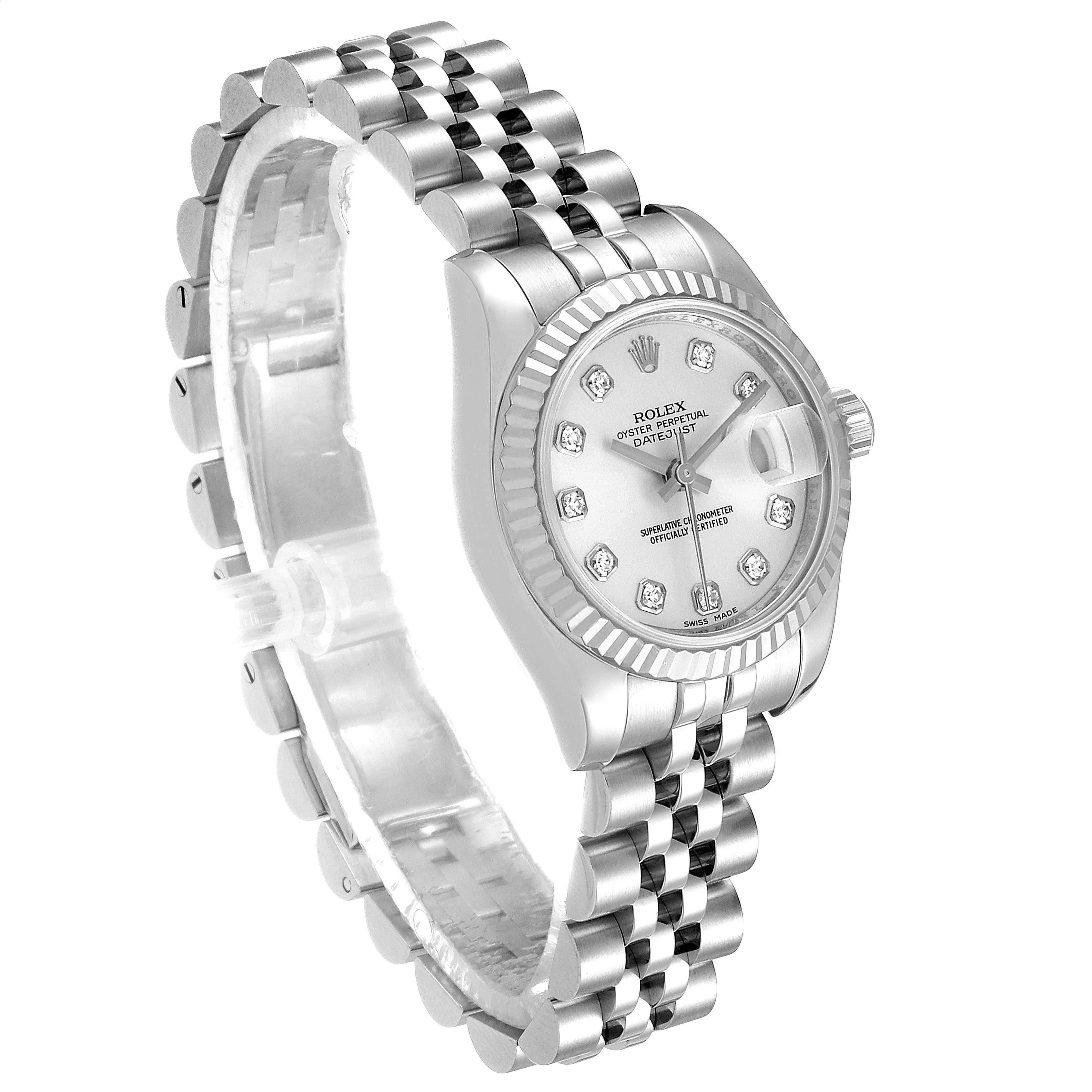 The image shows a Rolex Datejust 179174 Women's Stainless Steel Silver Dial 179174 Women's Stainless Steel Silver Dial watch from a three-quarter view, highlighting its bracelet, bezel, and diamond-studded dial.