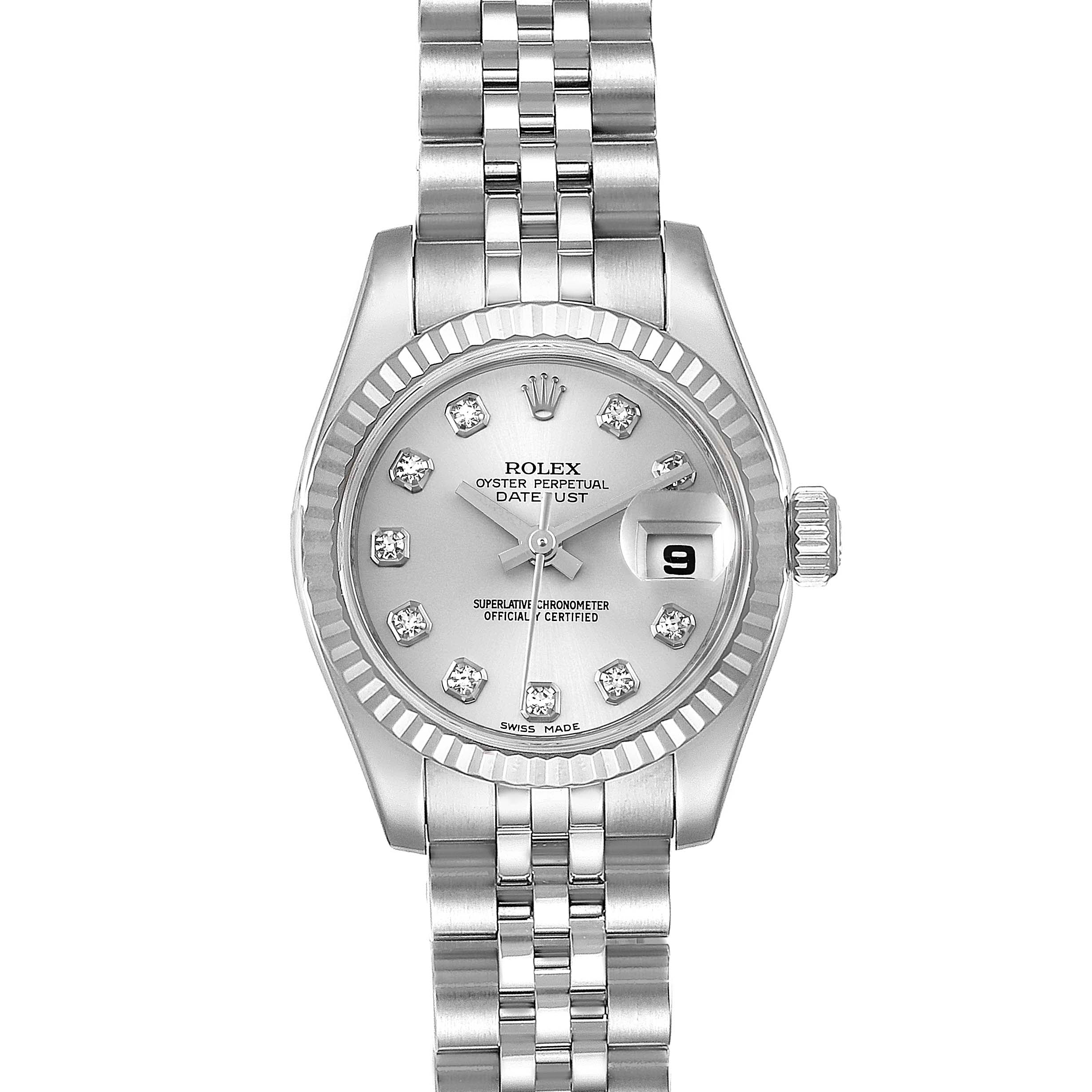 This image shows a Rolex Datejust 179174 Women's Stainless Steel Silver Dial 179174 Women's Stainless Steel Silver Dial watch from a straight-on angle, displaying the face, dial, bracelet, and crown.