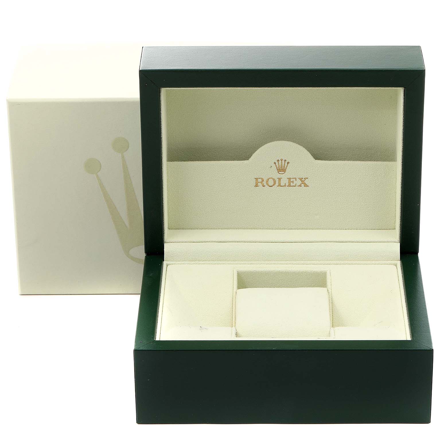 The image shows an open box for the Rolex Datejust 179174 Women's Stainless Steel Silver Dial 179174 Women's Stainless Steel Silver Dial model, highlighting the cushion and interior compartments.