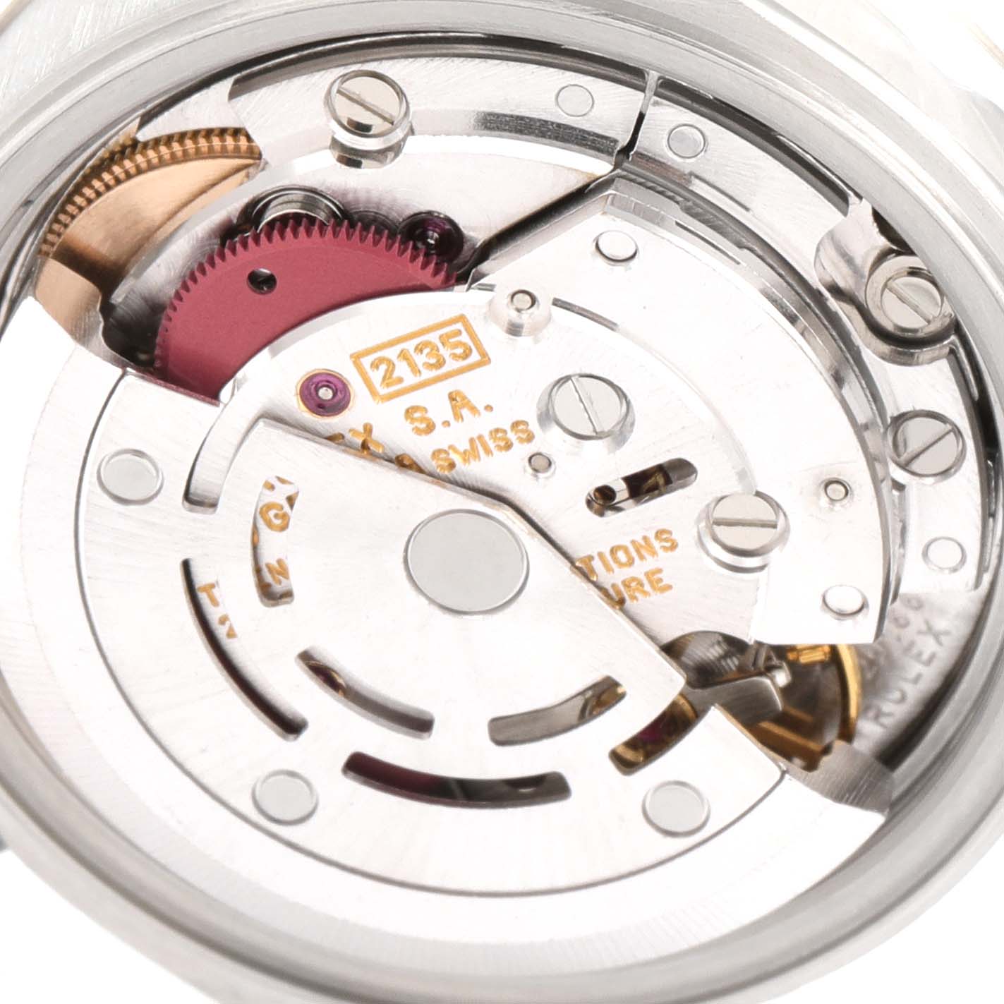 This image shows the intricate internal movement mechanism of the Rolex Datejust 69174 Women
s Stainless Steel Silver Dial 69174 Women
s Stainless Steel Silver Dial model.