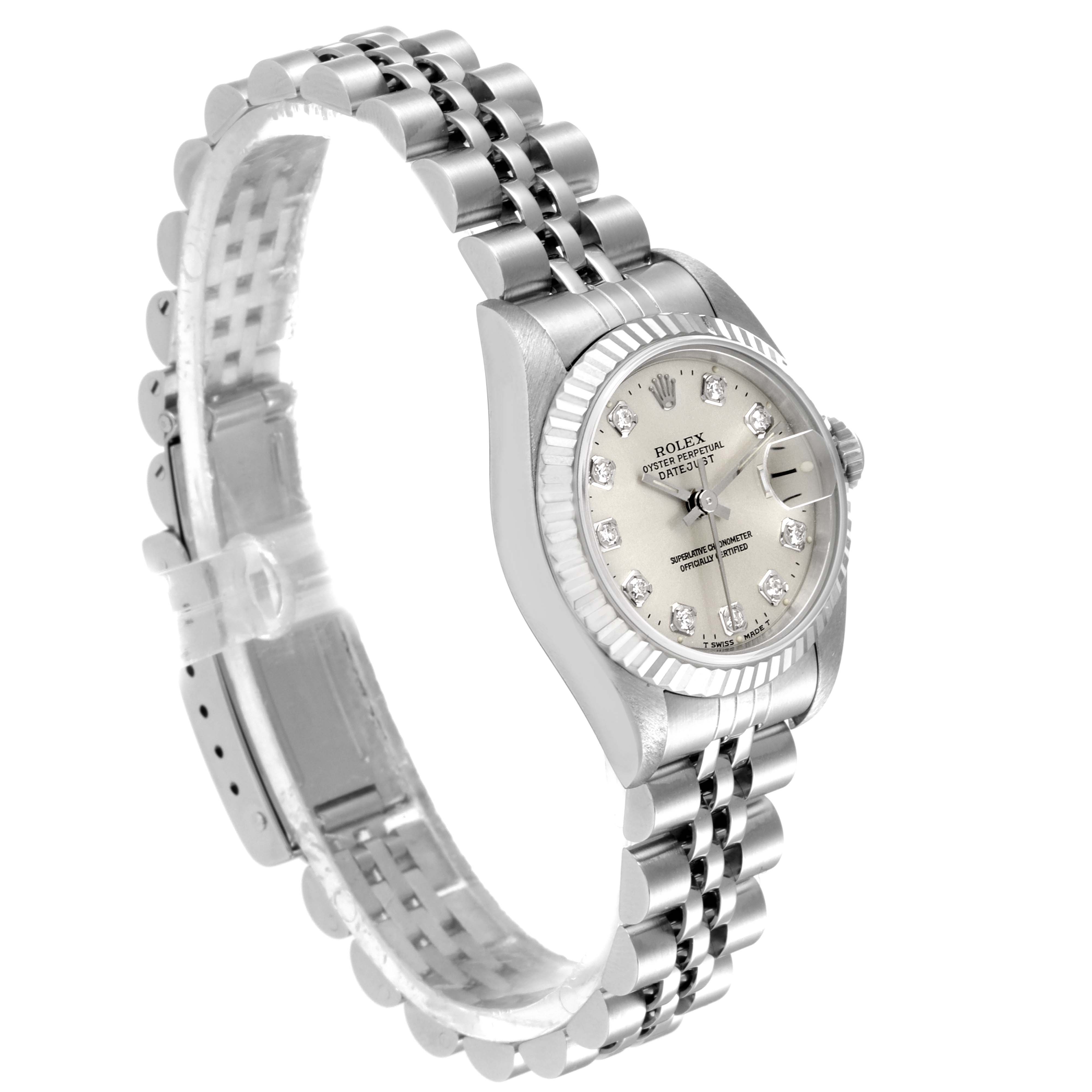 The image shows a Rolex Datejust 69174 Women
s Stainless Steel Silver Dial 69174 Women
s Stainless Steel Silver Dial watch from a high angle, featuring its face, bezel, and partially extended bracelet.