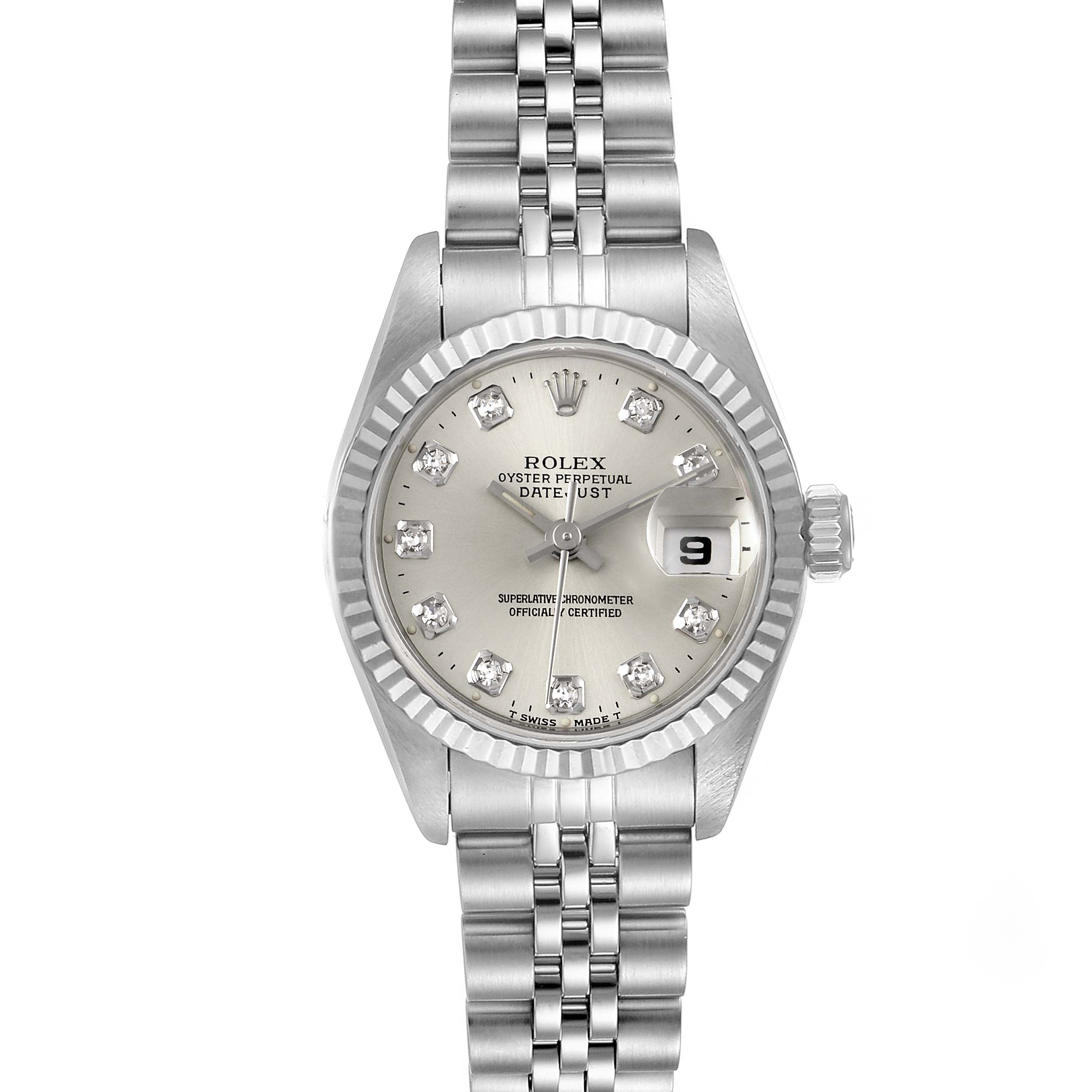 The image shows a front view of a Rolex Datejust 69174 Women
s Stainless Steel Silver Dial 69174 Women
s Stainless Steel Silver Dial watch featuring a silver dial, diamond hour markers, date display, and jubilee bracelet.