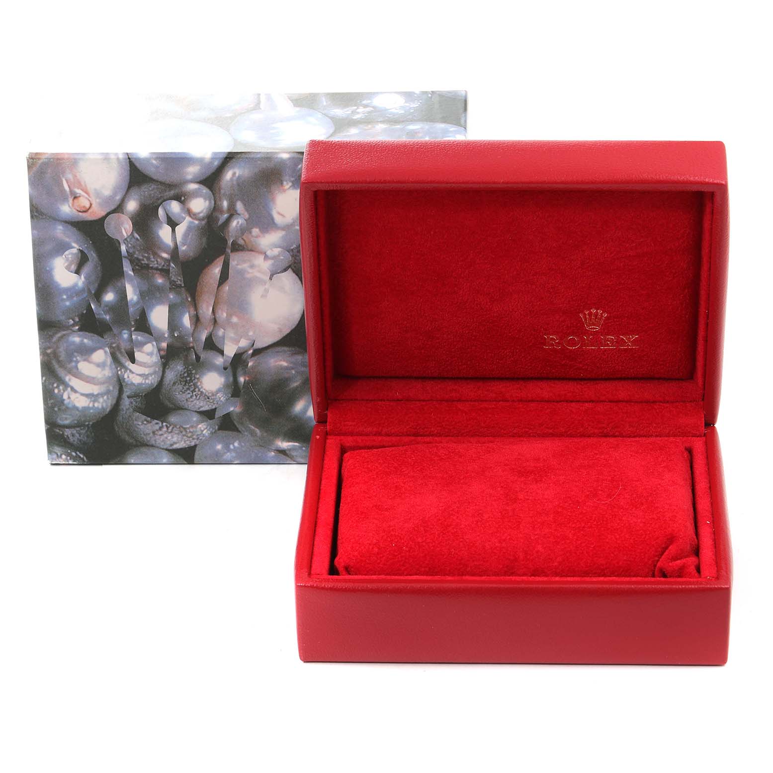 The image shows a red watch box and outer packaging for the Rolex Datejust 69174 Women
s Stainless Steel Silver Dial 69174 Women
s Stainless Steel Silver Dial model, with the box open and the interior visible.