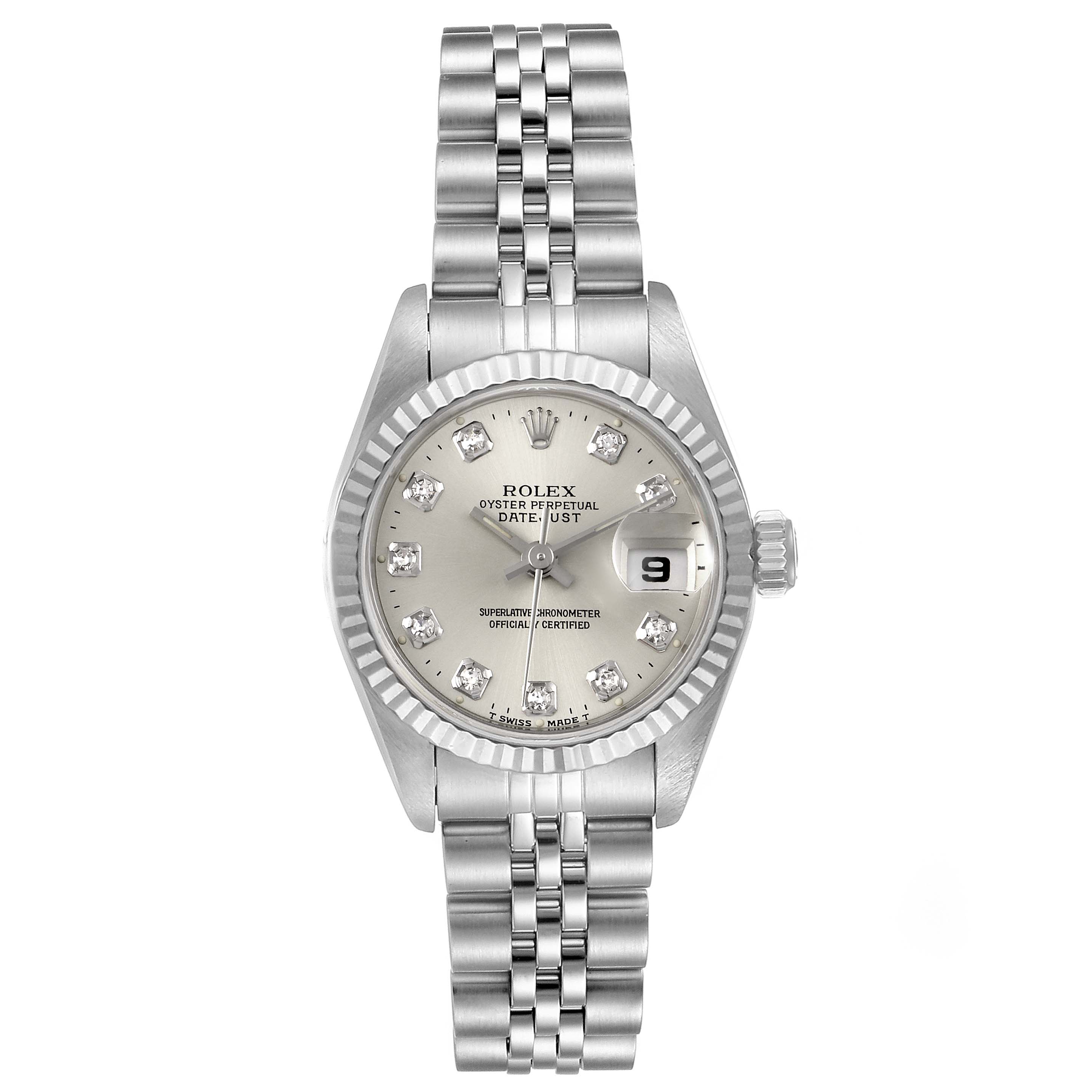 The image shows a frontal view of a Rolex Datejust 69174 Women
s Stainless Steel Silver Dial 69174 Women
s Stainless Steel Silver Dial watch, highlighting the dial, bezel, case, and bracelet.
